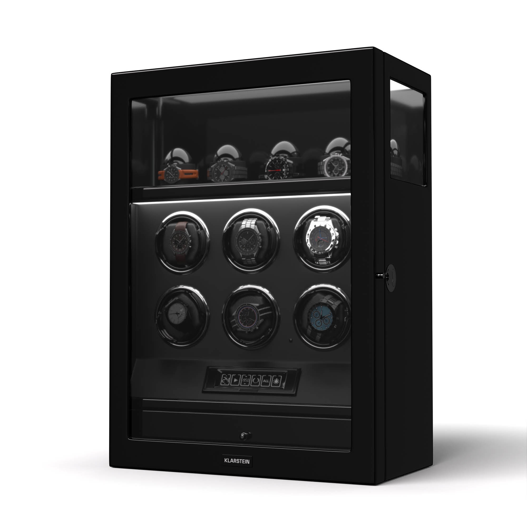 Klarstein SecureTouch naťahovač hodiniek, 6+4 hodinky, motor Mabuchi, klavírny lak, 41 režimov, zámok, LED diódy