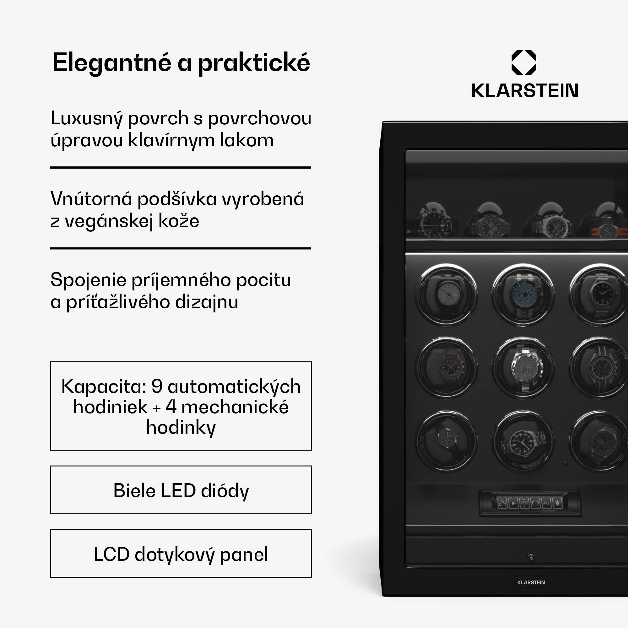 Klarstein SecureTouch naťahovač hodiniek, 9+4 hodinky, motor Mabuchi, klavírny lak, 41 režimov, zámok, LED diódy – Obrázok 2