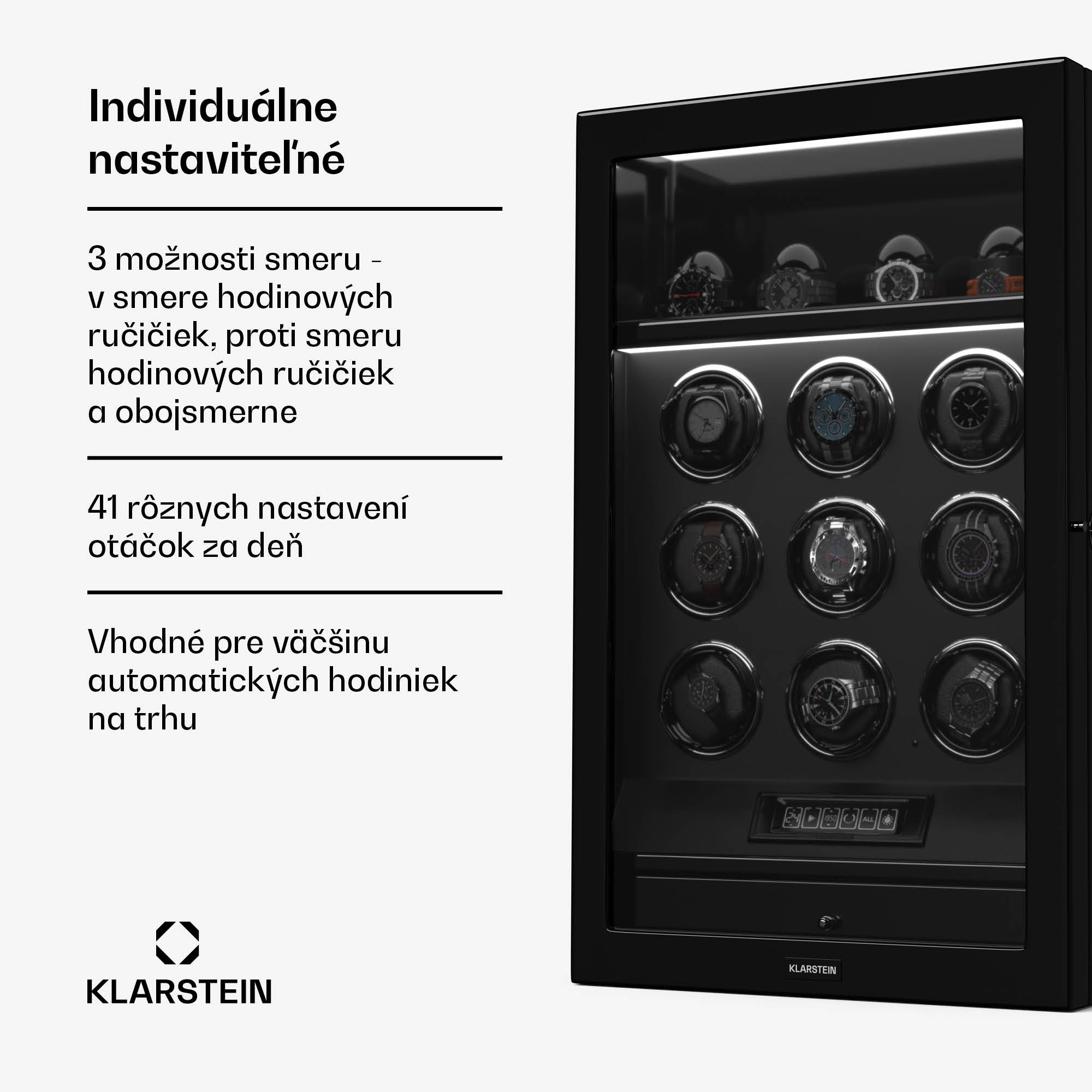 Klarstein SecureTouch naťahovač hodiniek, 9+4 hodinky, motor Mabuchi, klavírny lak, 41 režimov, zámok, LED diódy – Obrázok 3