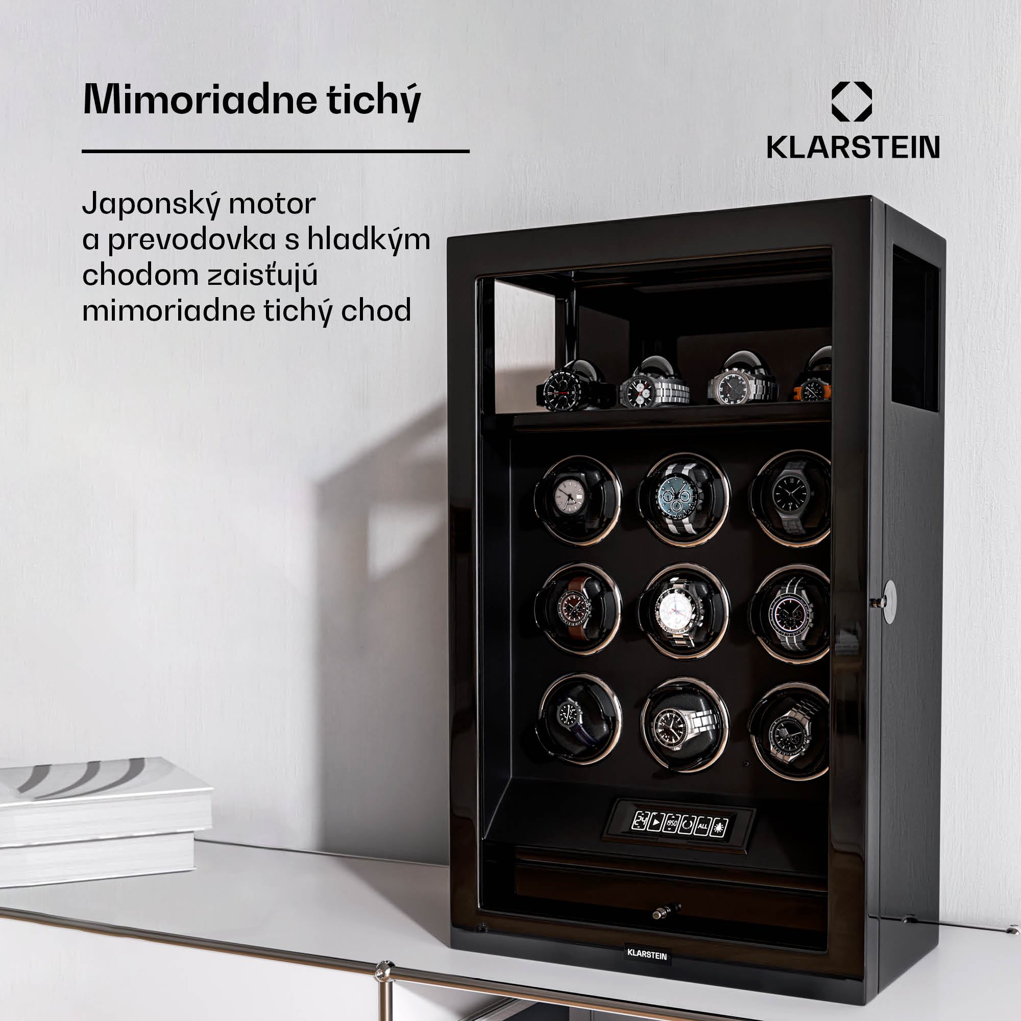 Klarstein SecureTouch naťahovač hodiniek, 9+4 hodinky, motor Mabuchi, klavírny lak, 41 režimov, zámok, LED diódy – Obrázok 4