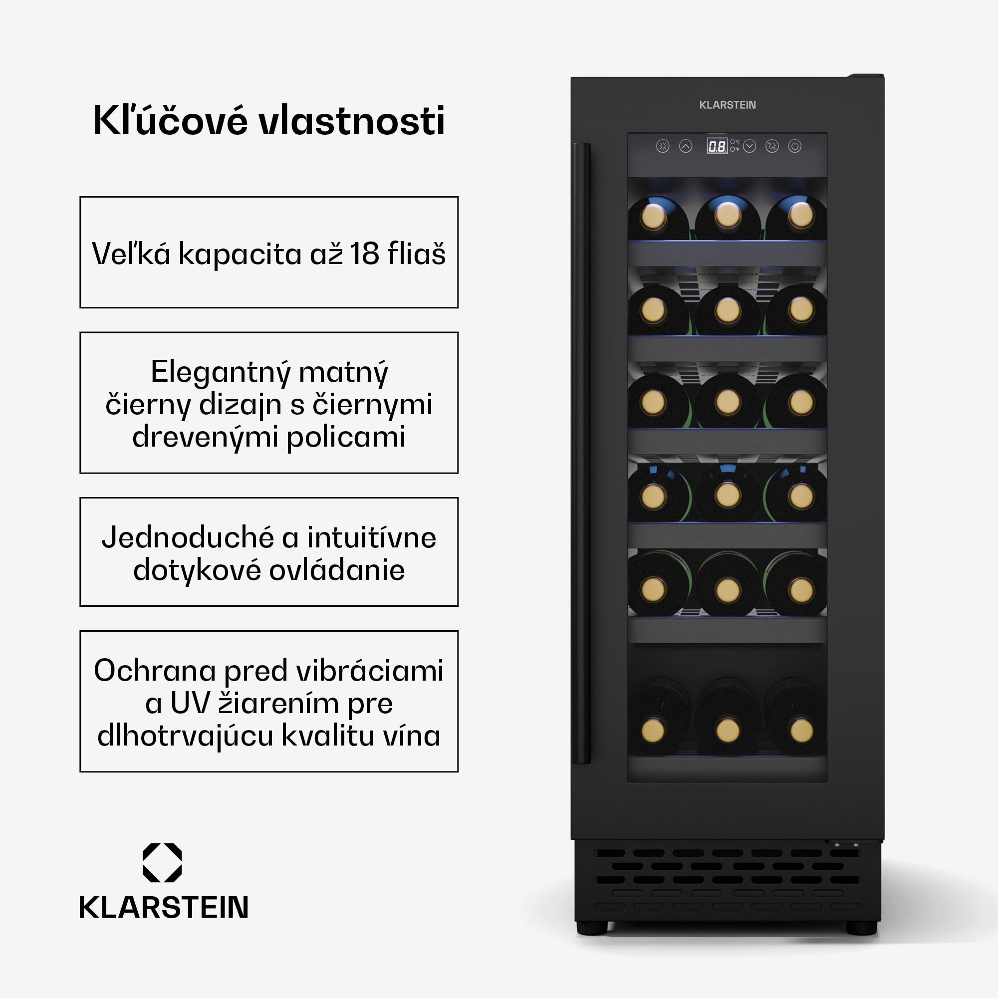 Klarstein Vinovilla 18 Uno chladnička na víno, 1 chladiaca zóna, 18 fliaš, drevené police, 5-18 °C – Obrázok 2