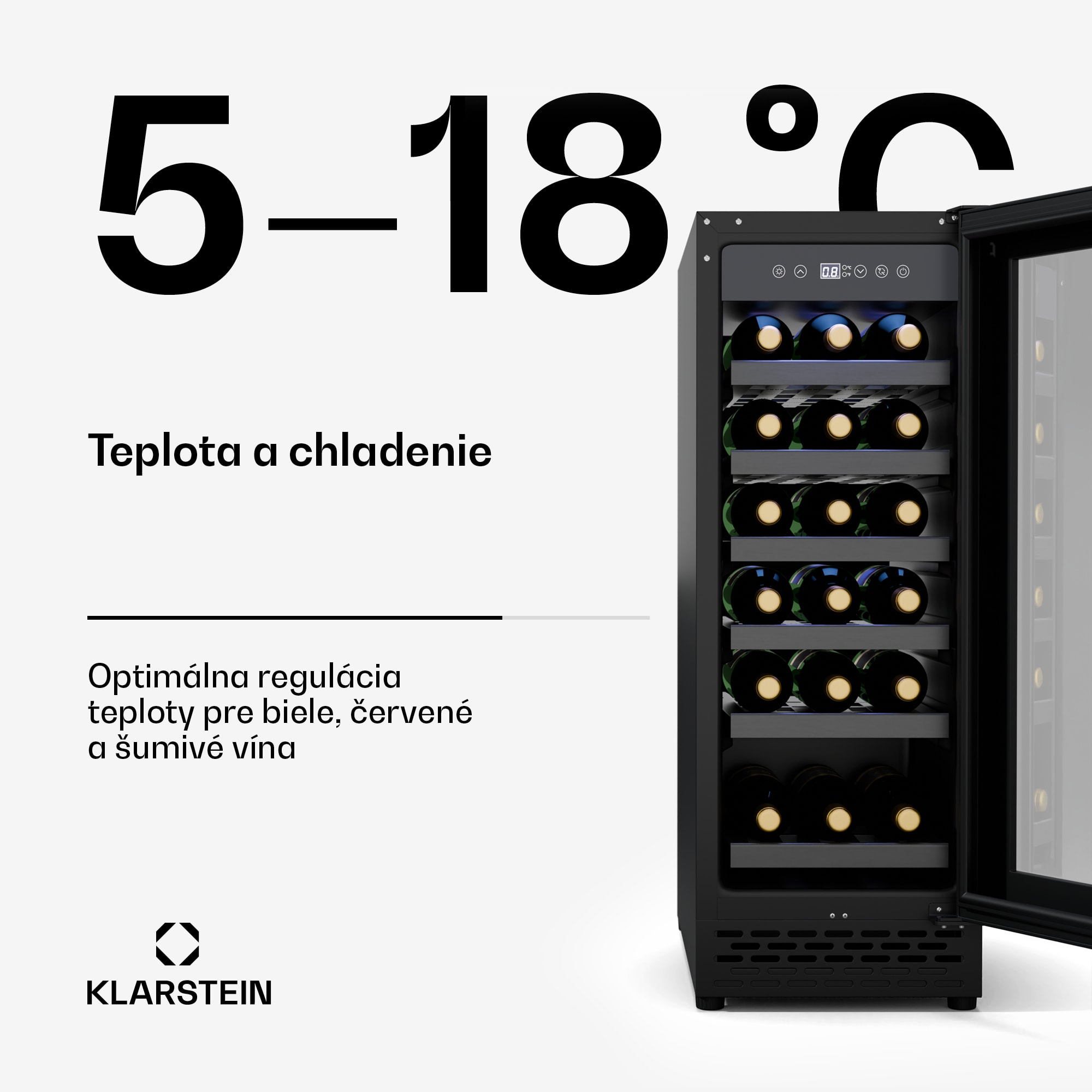 Klarstein Vinovilla 18 Uno chladnička na víno, 1 chladiaca zóna, 18 fliaš, drevené police, 5-18 °C – Obrázok 4