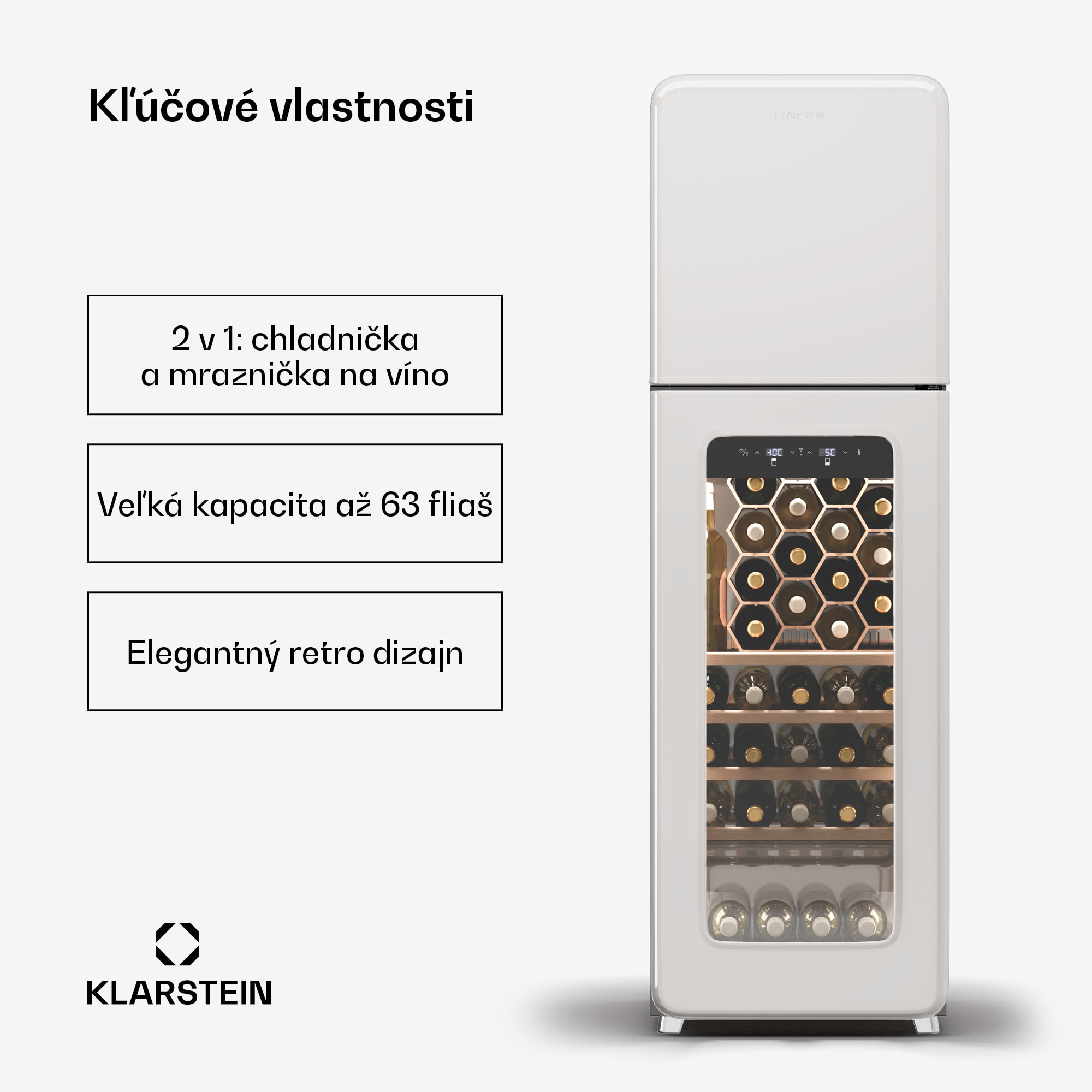 Klarstein Shirley chladnička na víno s mrazničkou, Zariadenie 2 v 1, Vintage, 2 chladiace zóny, 60 fliaš – Obrázok 2