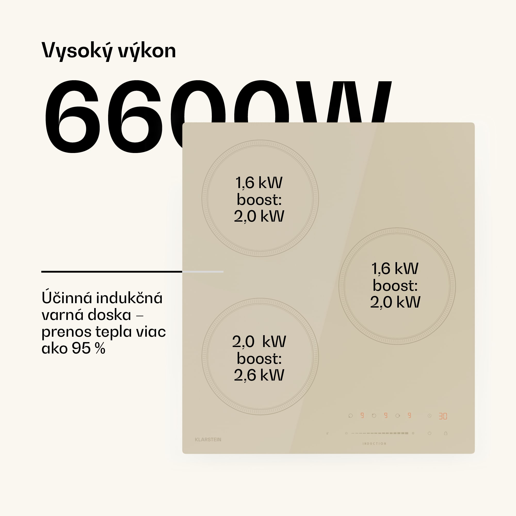 Klarstein Victoria indukčná varná doska, 45 cm, 6 600 W, 3 varné zóny, ovládanie posuvníkom, boost – Obrázok 3