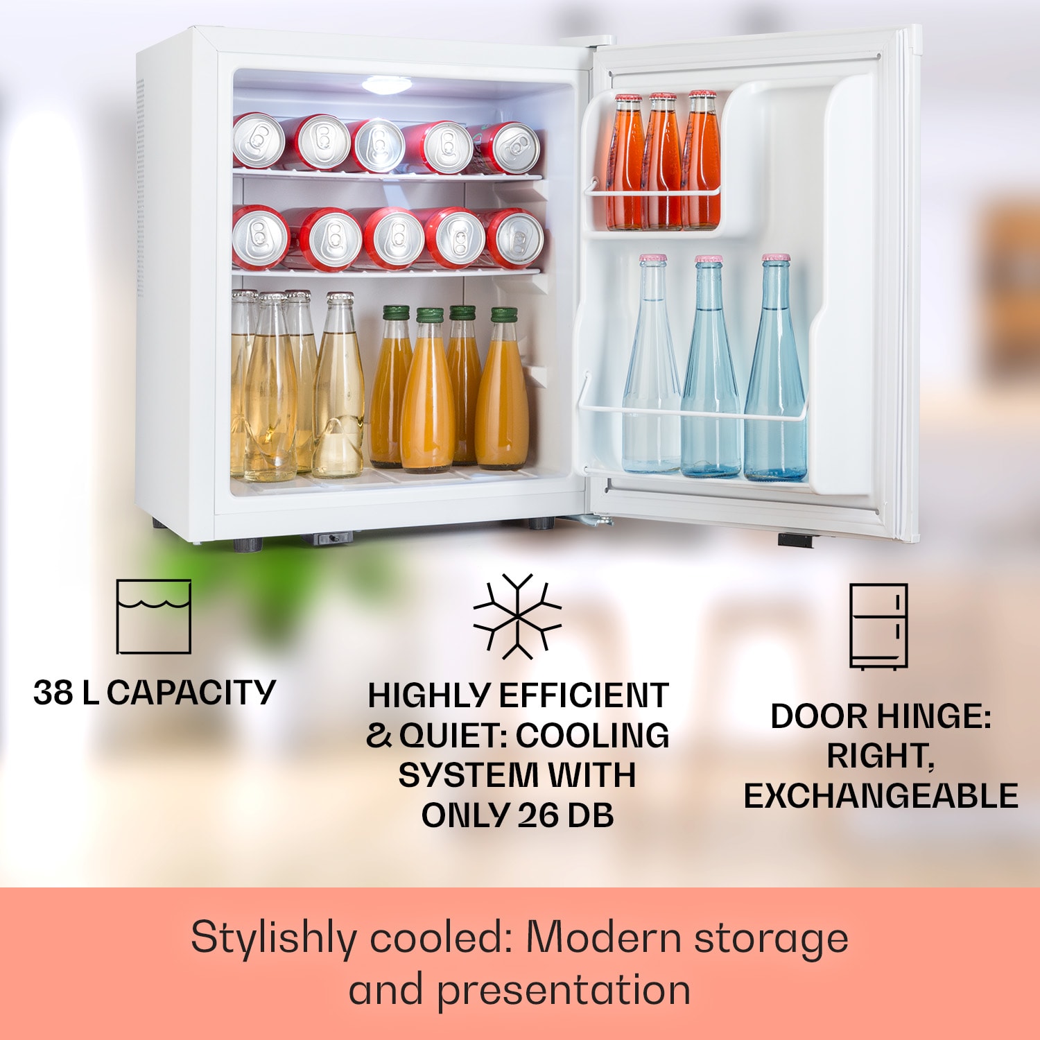 Klarstein Happy Hour 38, mini chladnička, minibar, 38 litrov, 26 dB – Obrázok 2