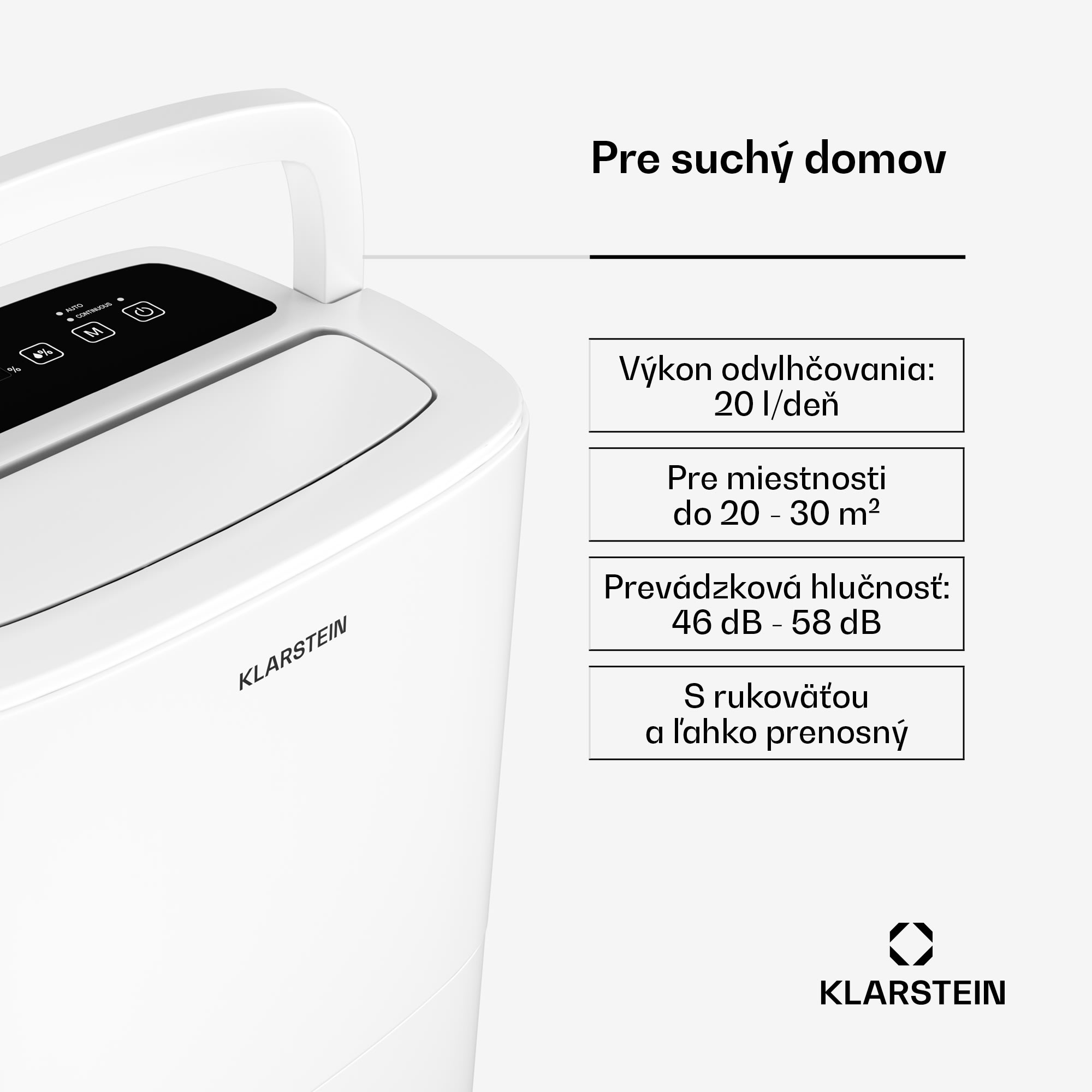 Klarstein DryFy 20L odvlhčovač, 20 l/deň, 50m², 230 m³/h, časovač, nádrž na vodu, mobilný – Obrázok 2