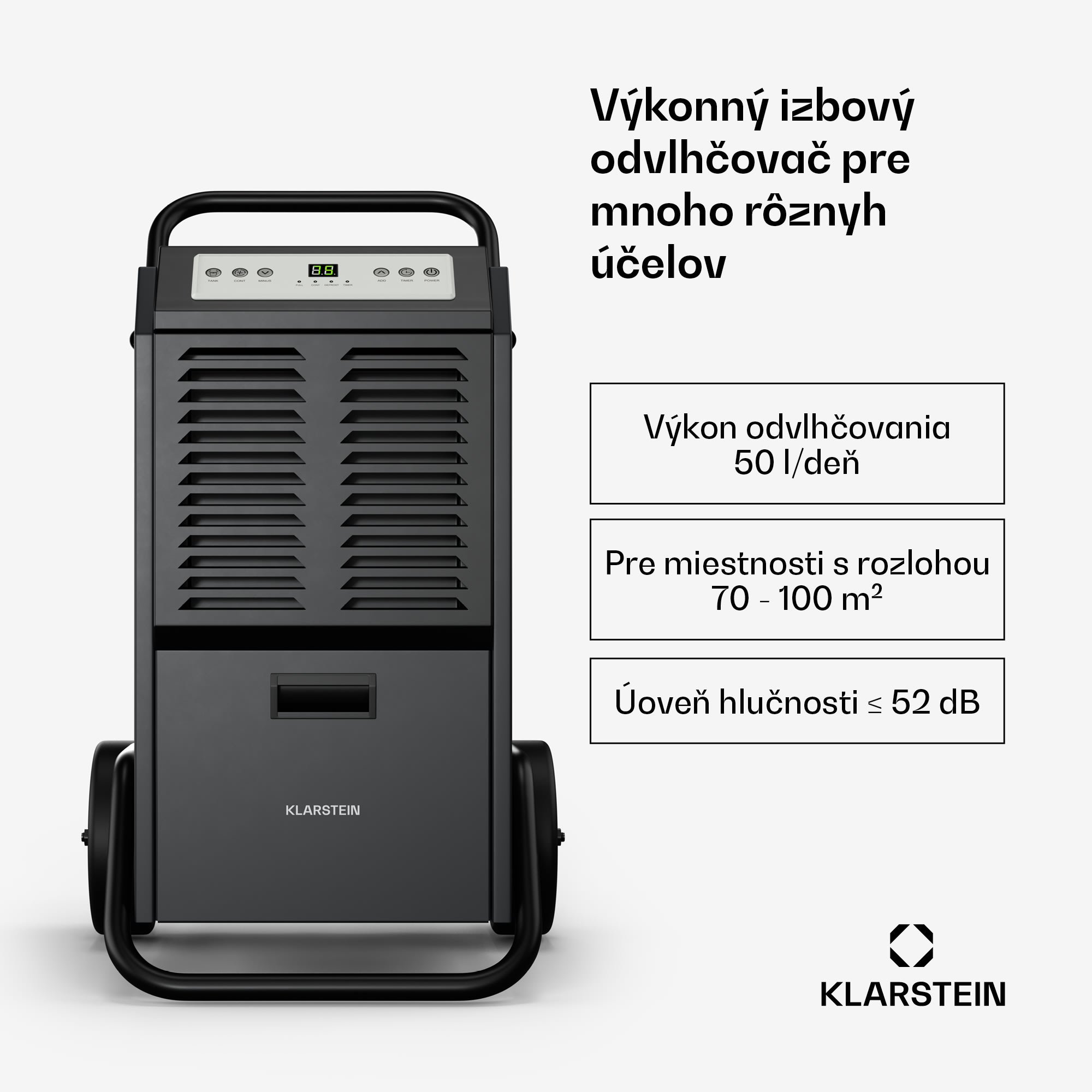 Klarstein DuraDry 50L odvlhčovač vzduchu, 50 l/deň, 70-100 m², nehrdzavejúca oceľ, mobilný, 450 m³/h – Obrázok 2