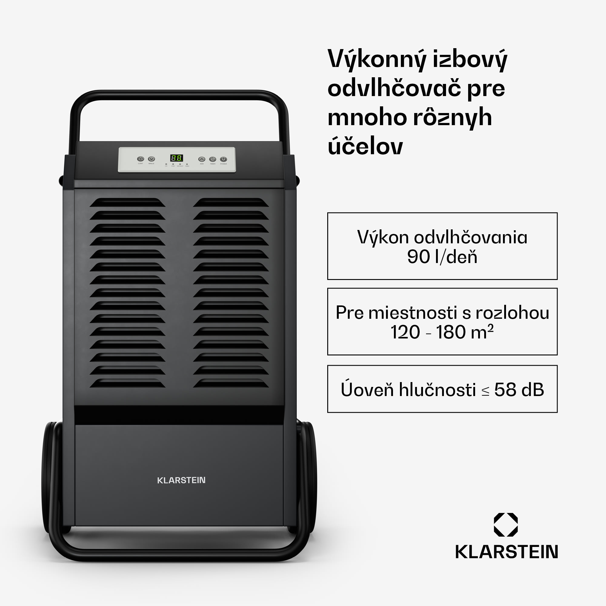 Klarstein DuraDry 90L odvlhčovač vzduchu, 90 l/deň, 120-180 m², nehrdzavejúca oceľ, mobilný, 450 m³/h – Obrázok 2