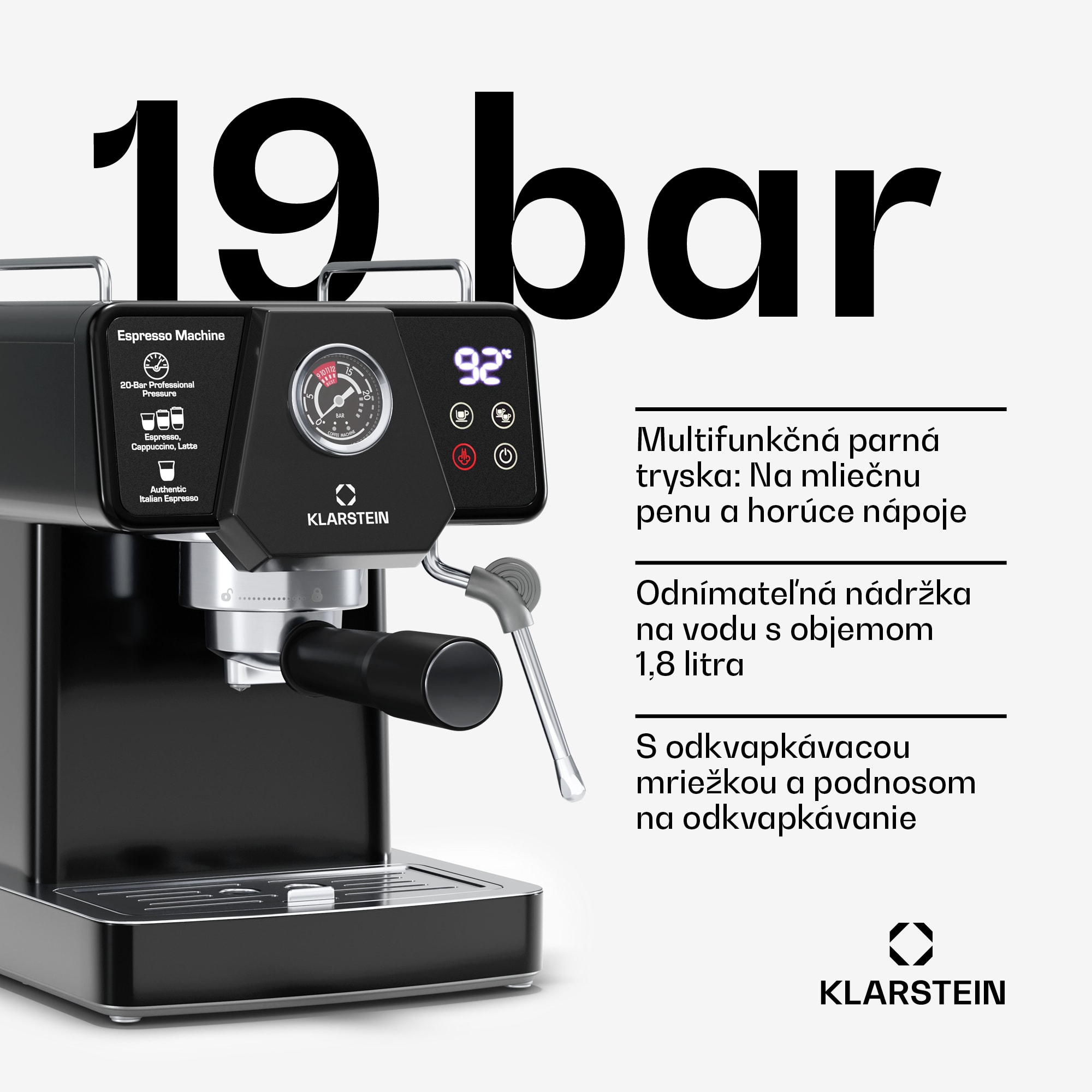 Klarstein Libeica pákový kávovar, 1350 W, 19 bar, dotykové ovládanie, nehrdzavejúca oceľ, ukazovateľ tlaku a teploty – Obrázok 2