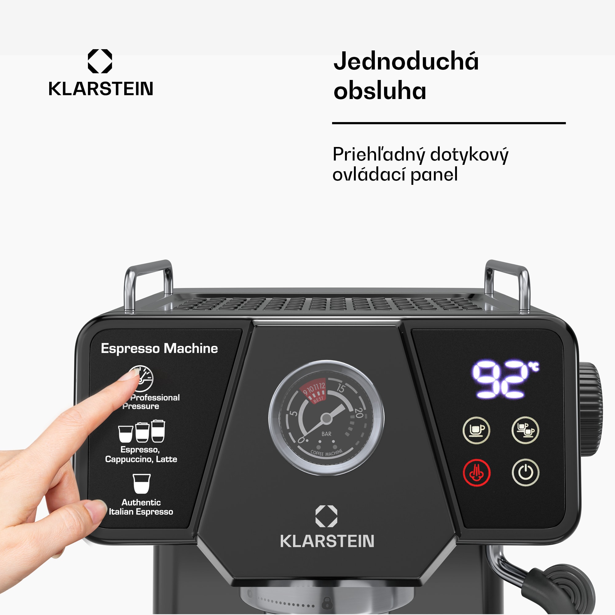 Klarstein Libeica pákový kávovar, 1350 W, 19 bar, dotykové ovládanie, nehrdzavejúca oceľ, ukazovateľ tlaku a teploty – Obrázok 3