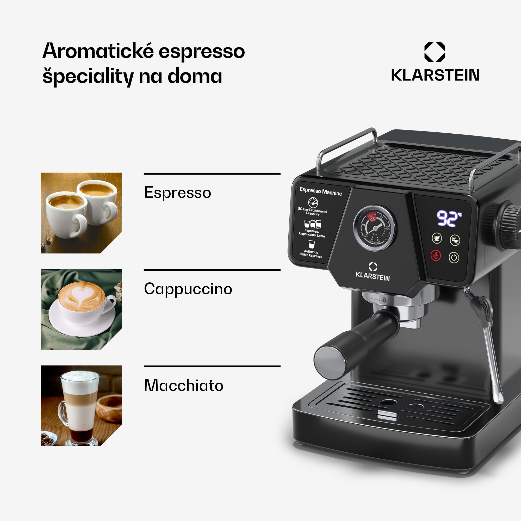 Klarstein Libeica pákový kávovar, 1350 W, 19 bar, dotykové ovládanie, nehrdzavejúca oceľ, ukazovateľ tlaku a teploty – Obrázok 4