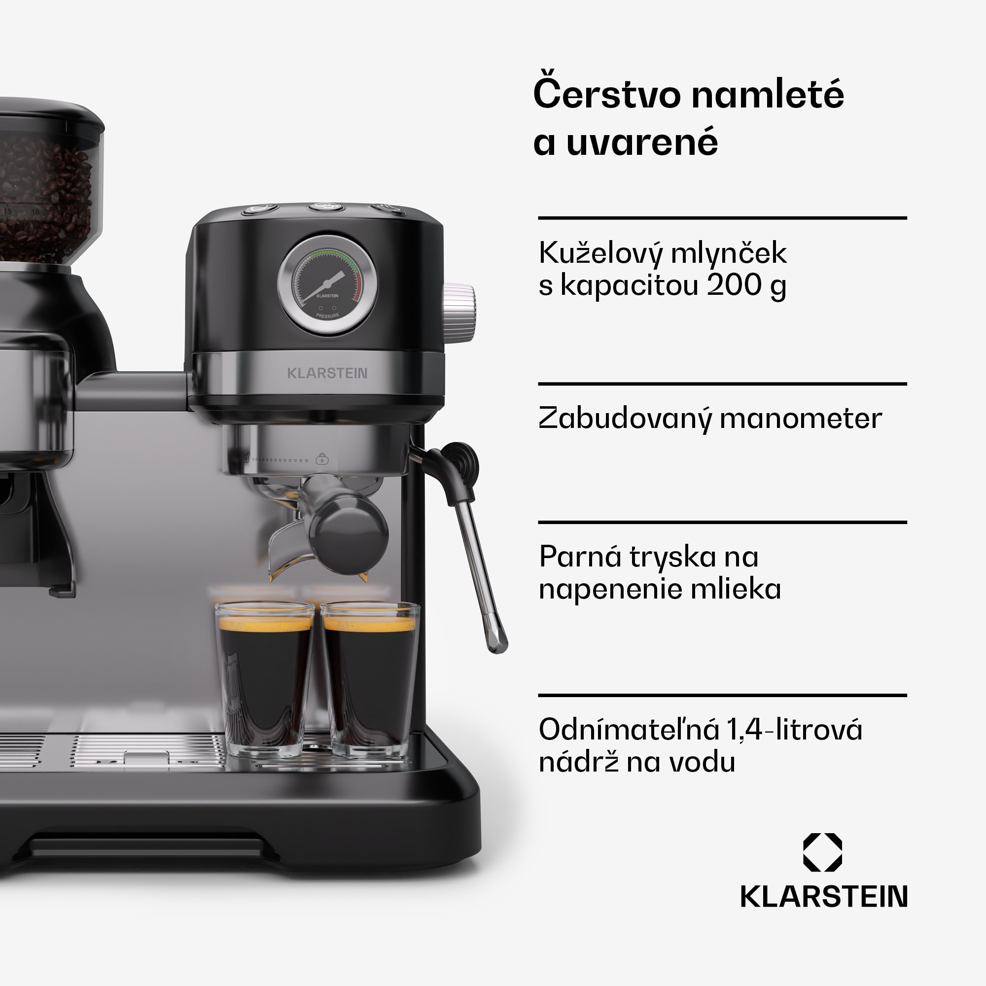 Klarstein Bella Café Pákový kávovar, Vintage, mlynček, 19 bar, Napeňovač mlieka, Tlakomer, 1150 W – Obrázok 3