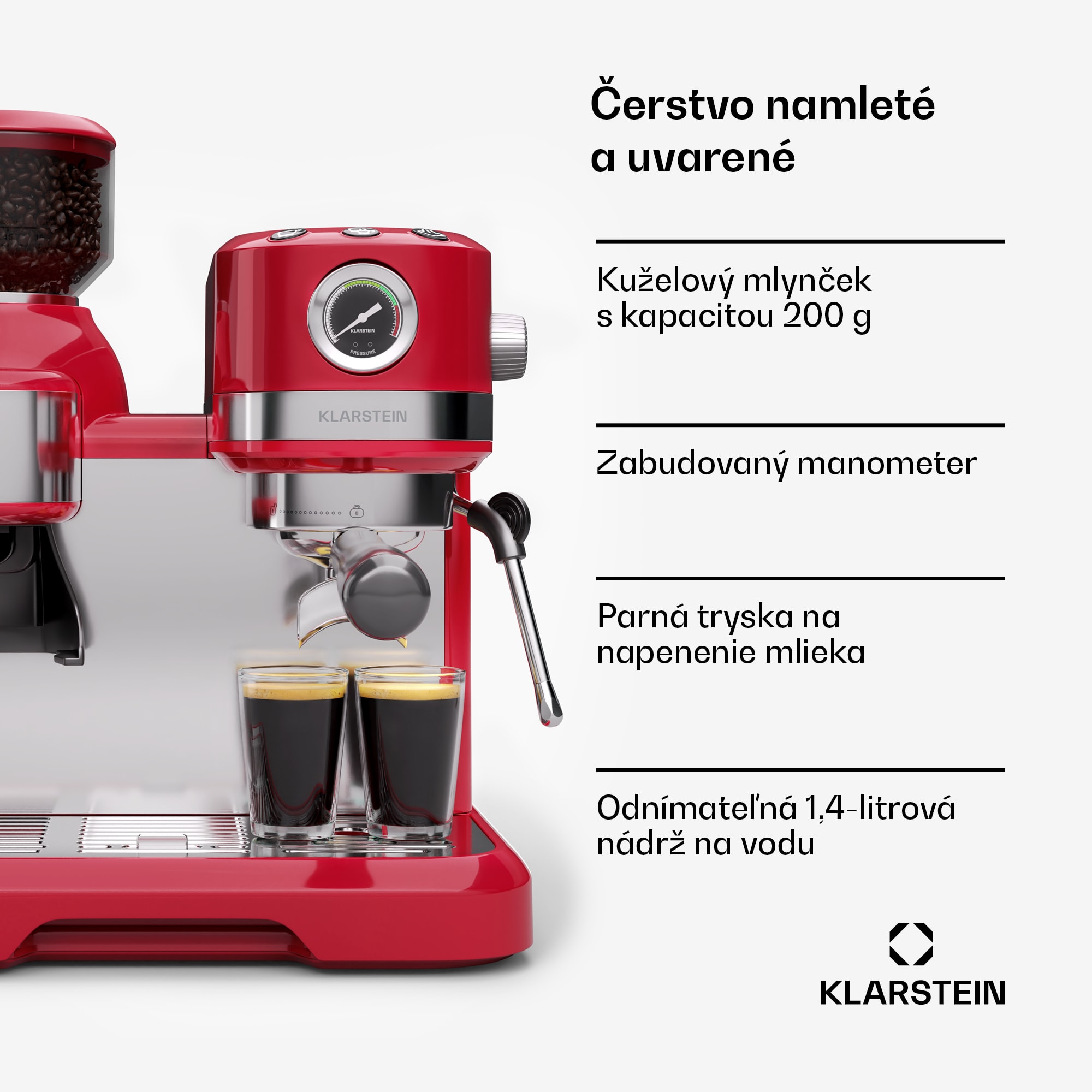 Klarstein Bella Café Pákový kávovar, Vintage, mlynček, 19 bar, Napeňovač mlieka, Tlakomer, 1150 W – Obrázok 3