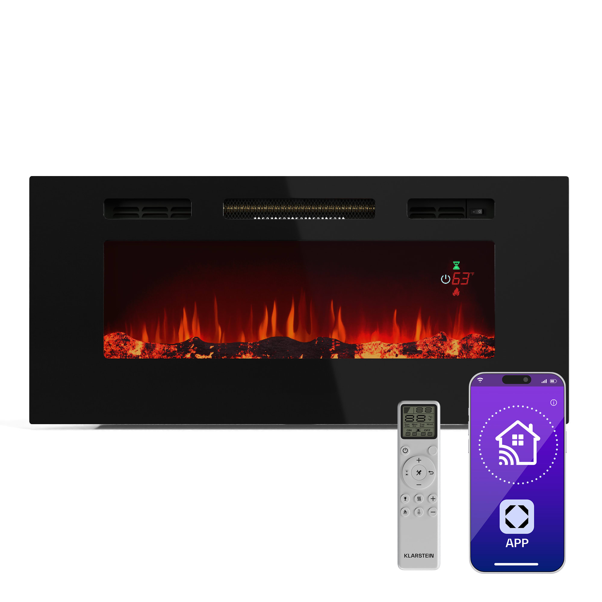Klarstein Galeras Smart Inteligentný elektrický krb, 2 nastavenia teploty, 16 - 30°| LED ilúzia plameňa, Možnosť pripojenia k IOT