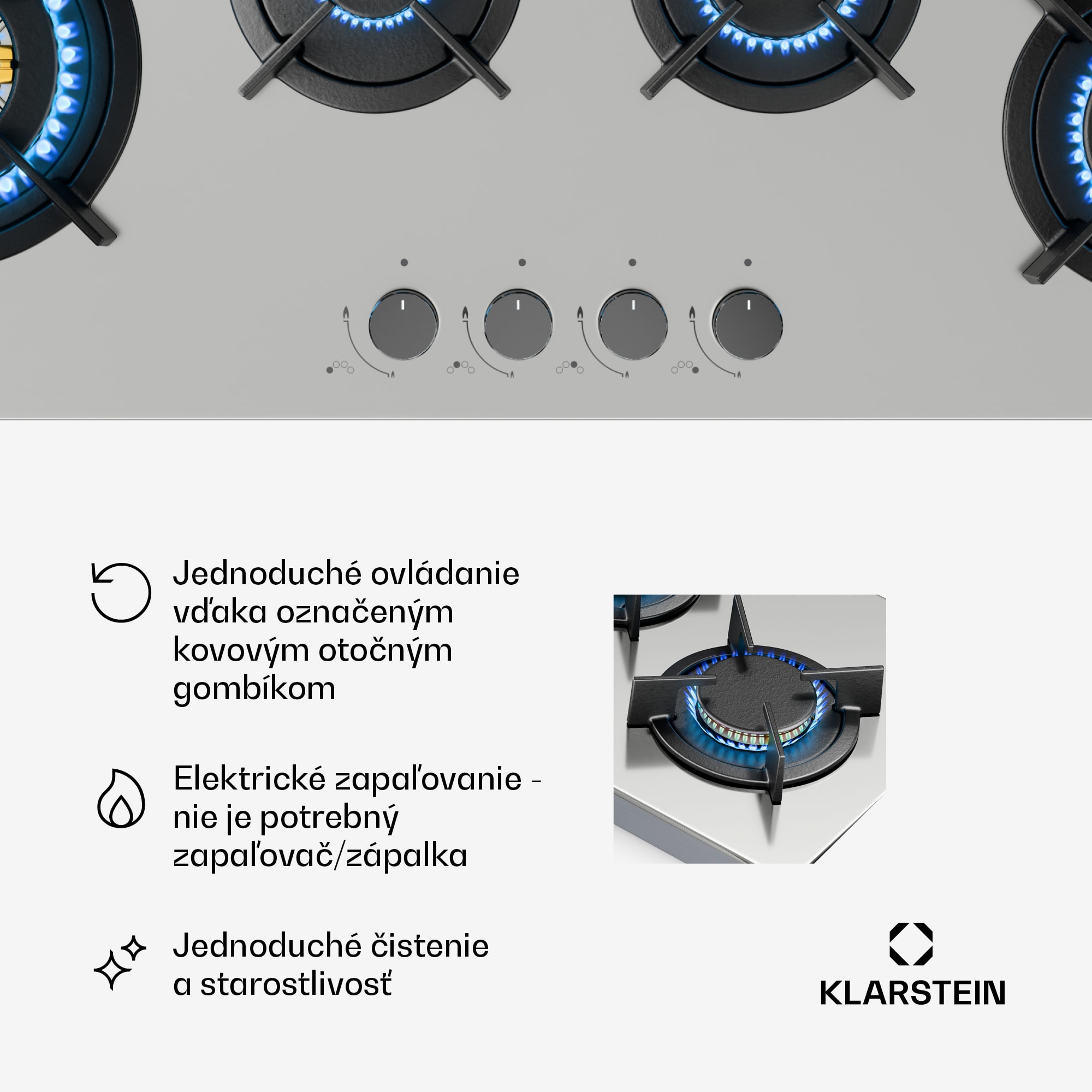 Klarstein Goldflame 4 Slim plynová varná doska, 4 horáky, na kvapalný alebo zemný plyn, elektrické zapaľovanie – Obrázok 5