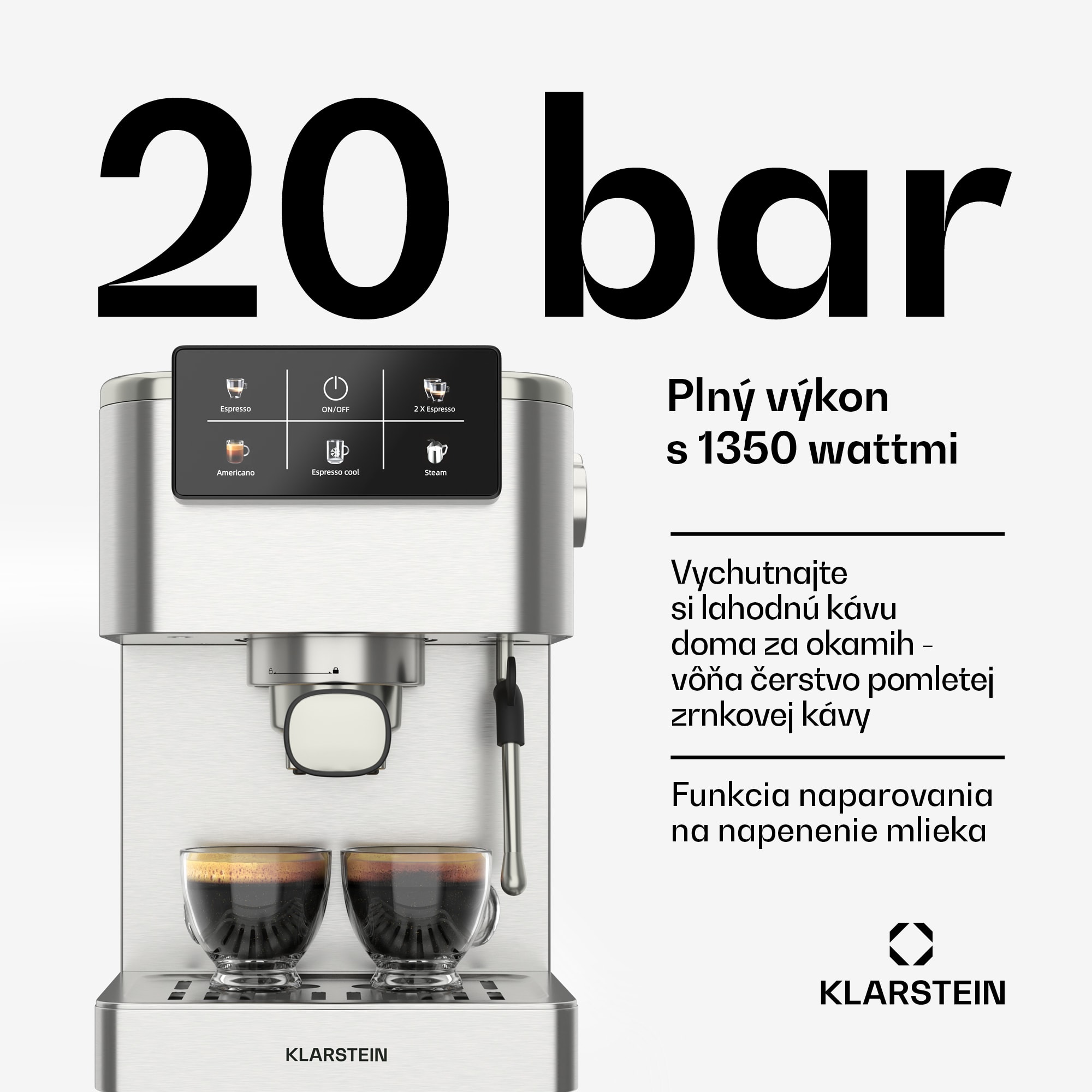 Klarstein SteelPresso Touch kávovar s portafiltrom, Dotykový displej, 20 bar, Nehrdzavejúca oceľ – Obrázok 2
