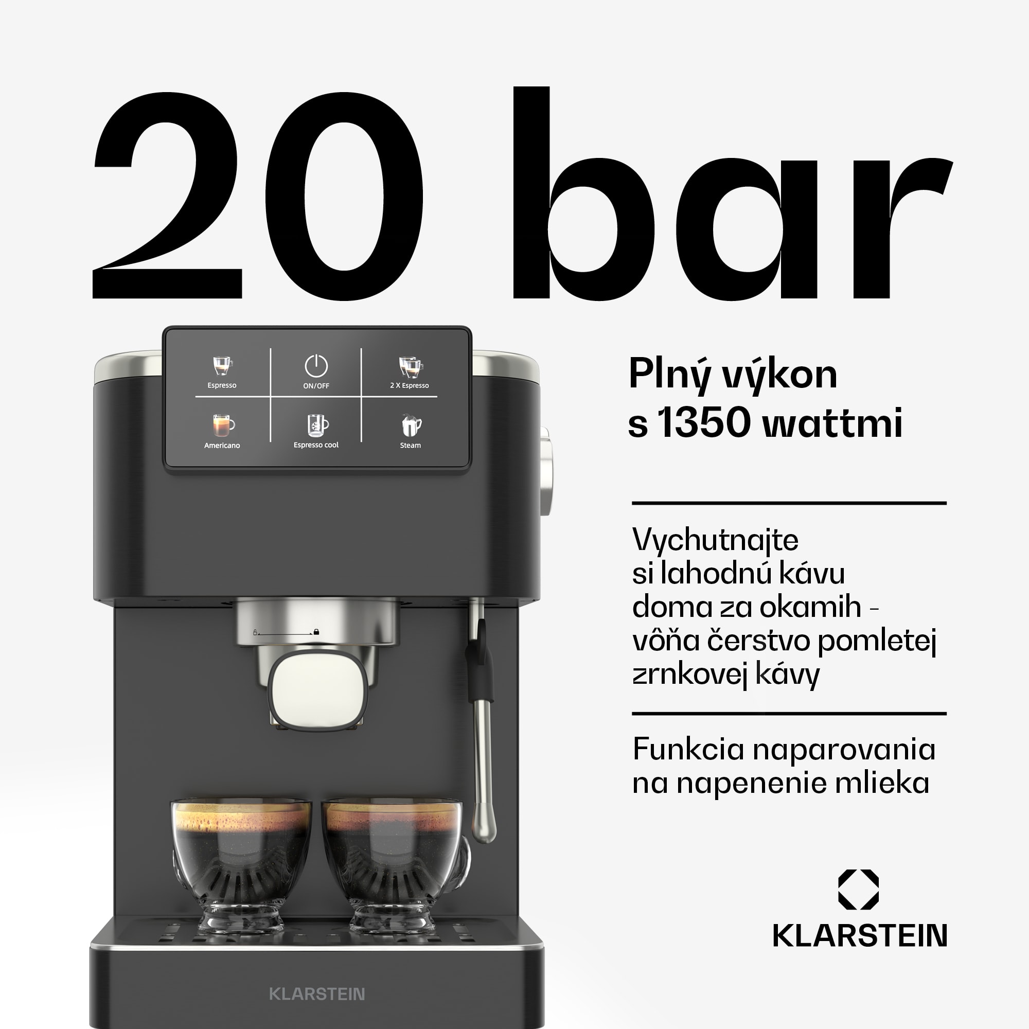 Klarstein SteelPresso Touch kávovar s portafiltrom, Dotykový displej, 20 bar, Nehrdzavejúca oceľ – Obrázok 2