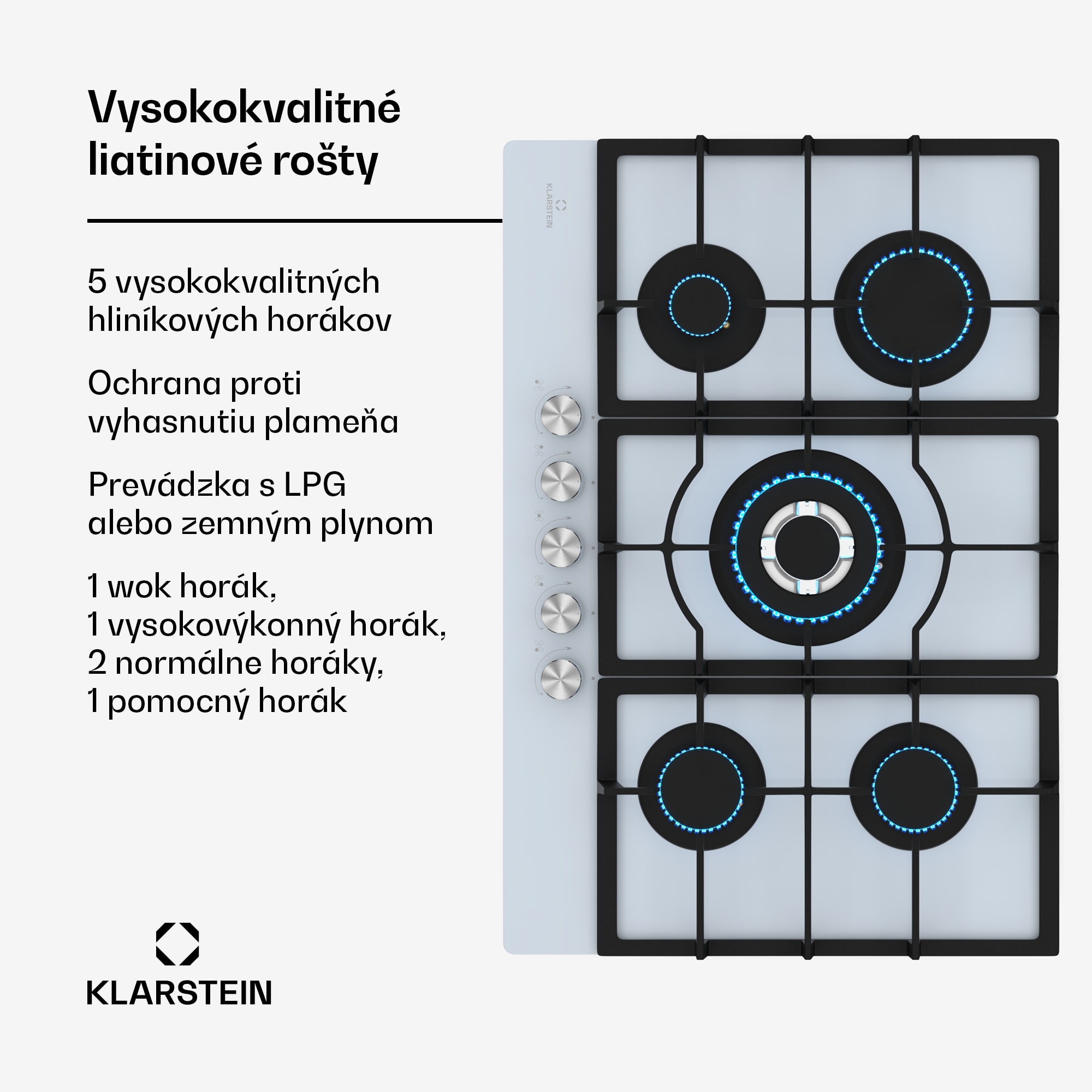 Klarstein Ignito 5-zónová plynová varná doska, 5 Horákov, elektr. zapaľovanie, Wok, na skvapalnený alebo zemný plyn – Obrázok 3