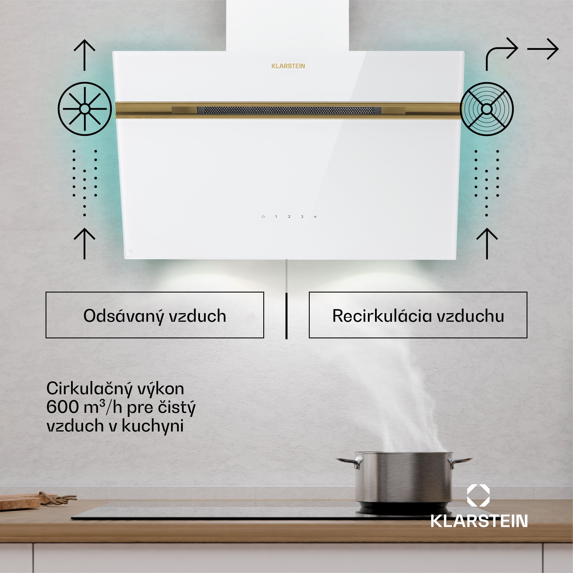 Klarstein Alina digestor, EEK A, Dotykový, LED osvetlenie, Odsávanie/recirkulácia, 600 m³/h – Obrázok 2