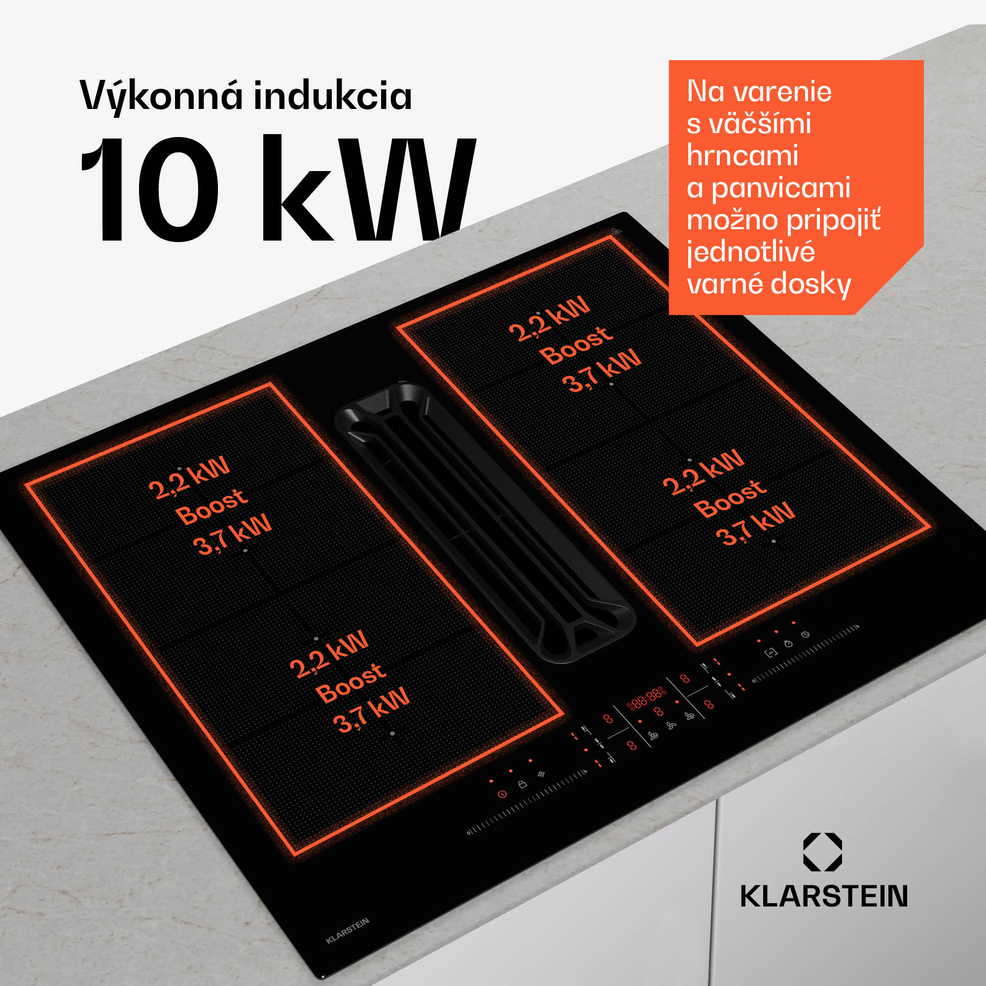 Klarstein AirJet FlexPro Down Air System, Indukčná doska + digestor, Flexi zóna, Booster – Obrázok 4