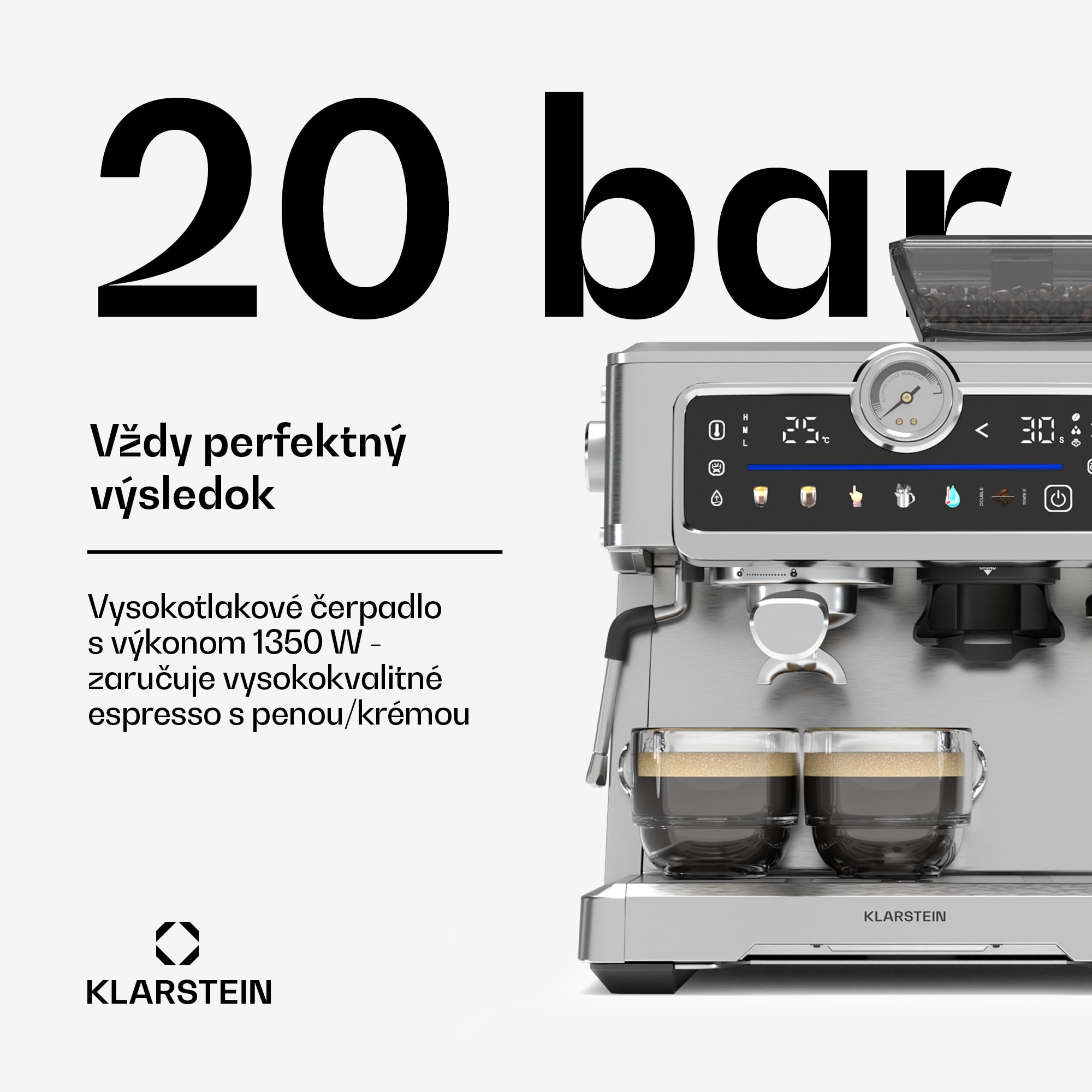 Klarstein GrandPresso Touch kávovar, 20 barov, integrovaný mlynček, indikátor tlaku, mliečna pena – Obrázok 3