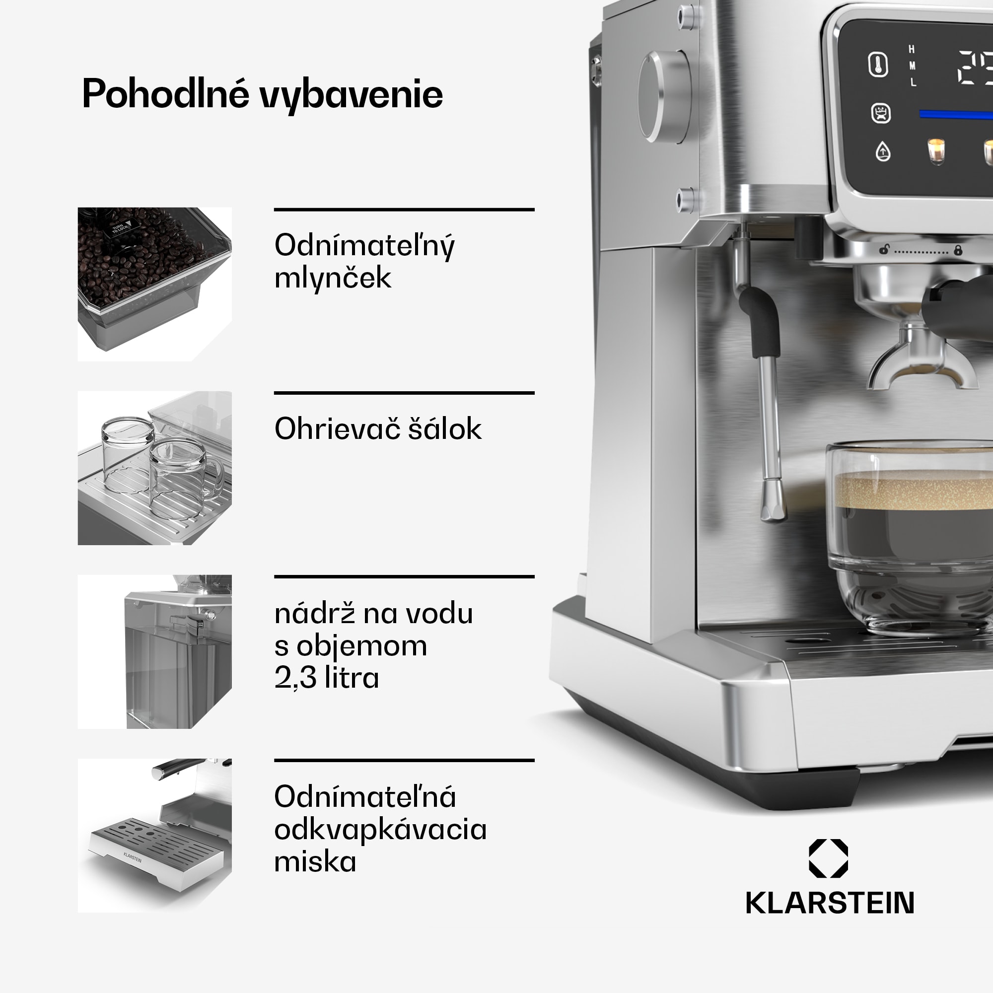 Klarstein GrandPresso Touch kávovar, 20 barov, integrovaný mlynček, indikátor tlaku, mliečna pena – Obrázok 5