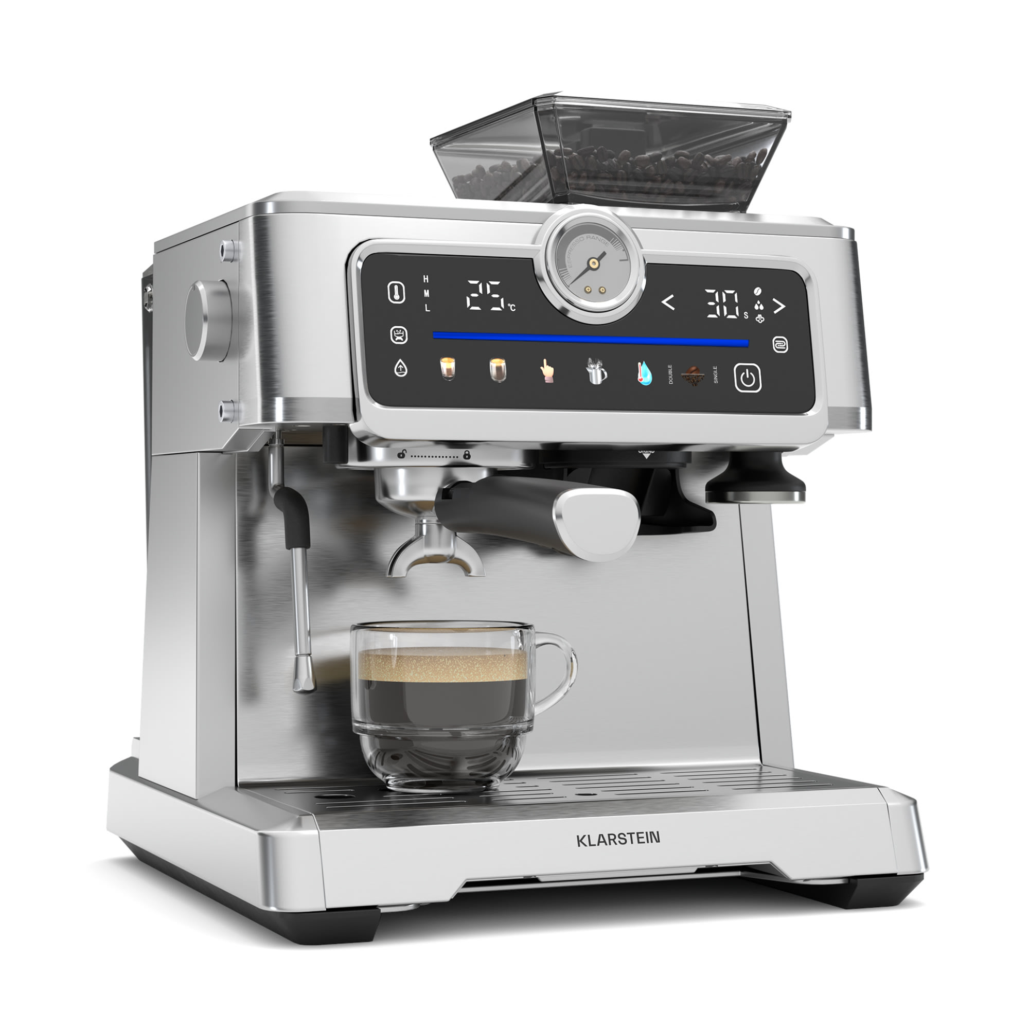 Klarstein GrandPresso Touch kávovar, 20 barov, integrovaný mlynček, indikátor tlaku, mliečna pena