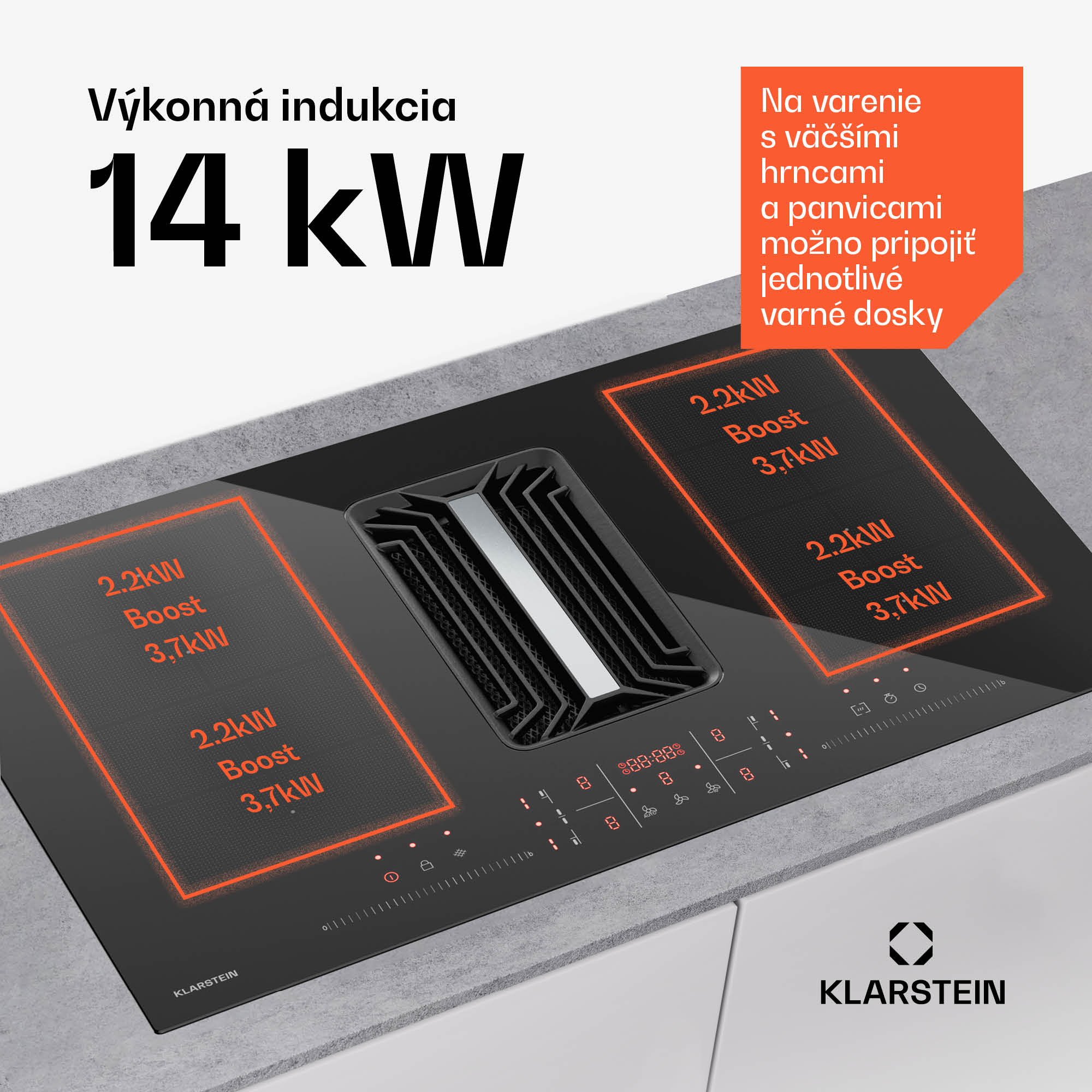 Klarstein AirJet FlexPro Down Air System, Indukčná doska + digestor, Flexi zóna, Booster – Obrázok 4