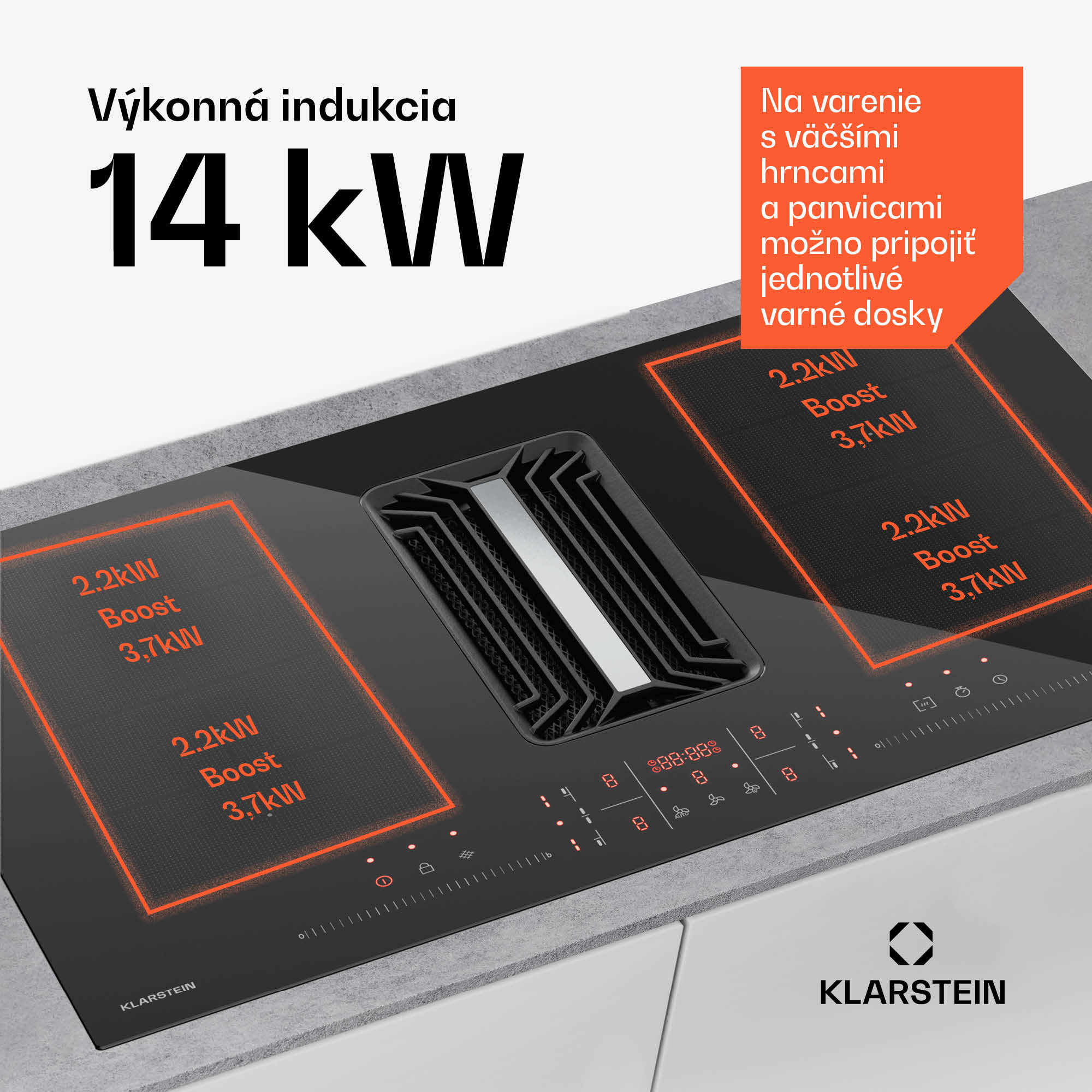 Klarstein AirJet FlexPro Down Air System, Indukčná doska + digestor, Flexi zóna, Booster – Obrázok 4