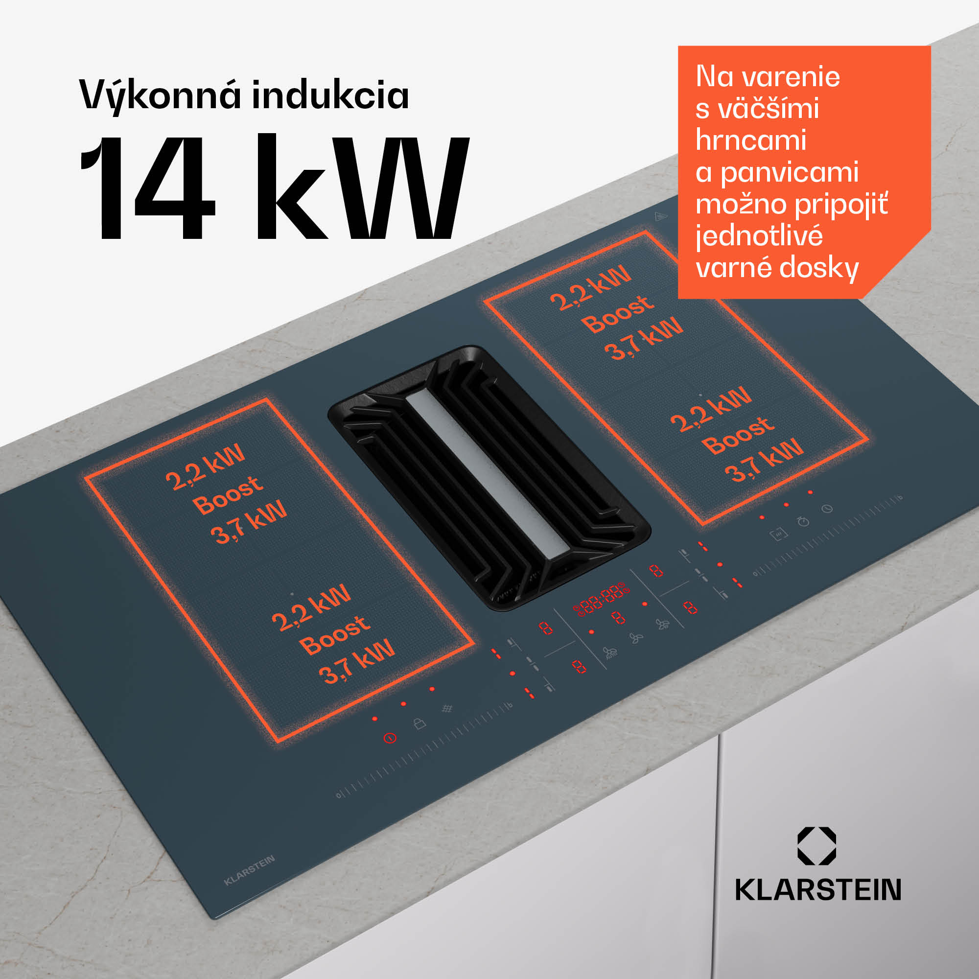 Klarstein AirJet FlexPro Down Air System, Indukčná doska + digestor, Flexi zóna, Booster – Obrázok 4