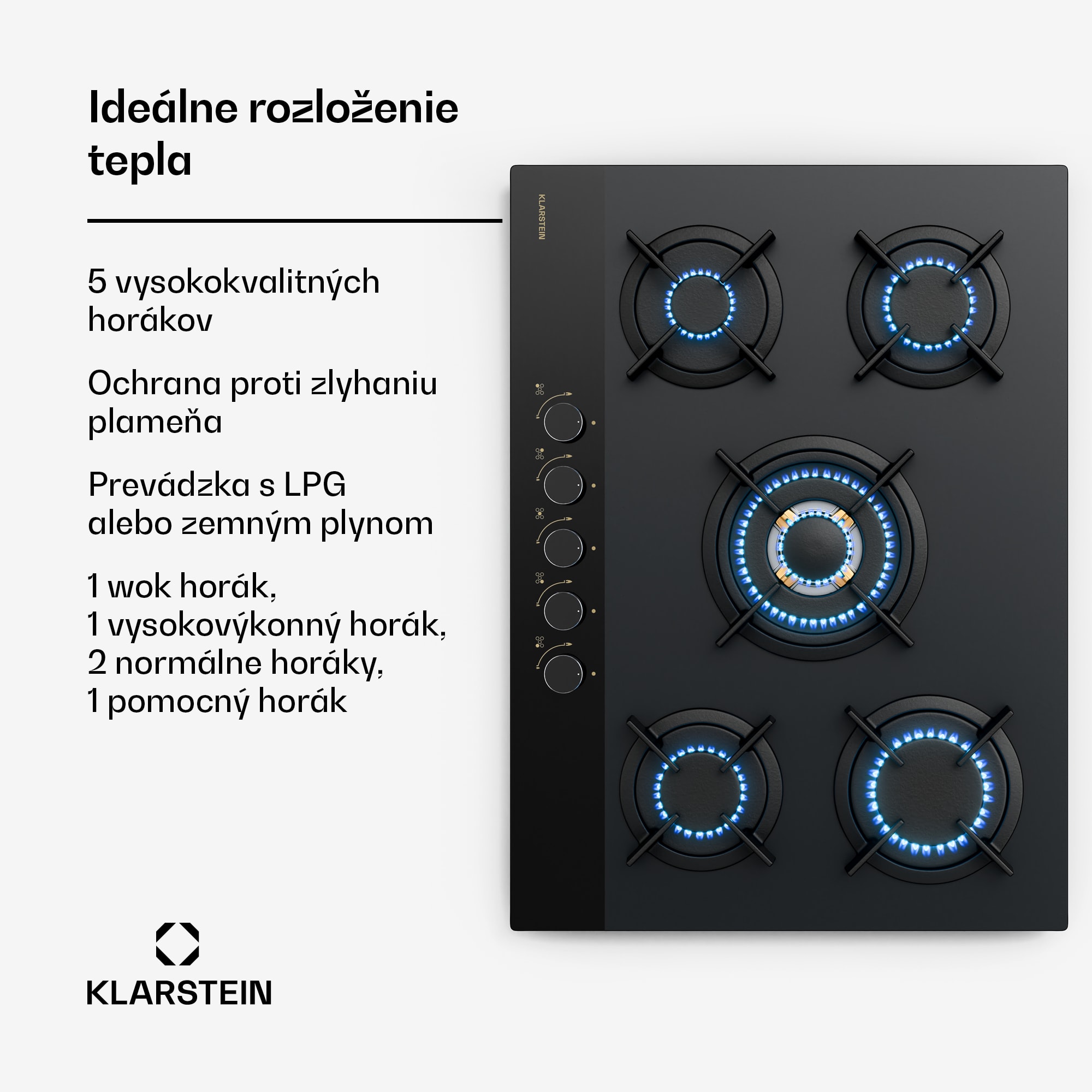 Klarstein Goldflame Nano plynová varná doska, 5 mosadzných horákov, Nano povlak, LPG/zemný plyn – Obrázok 3