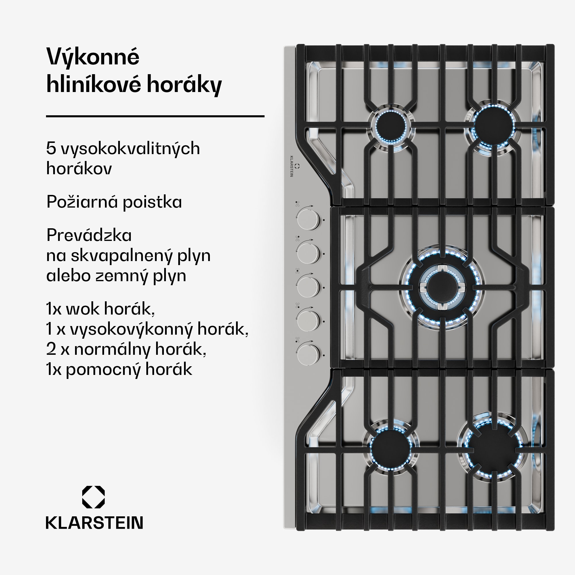 Klarstein Turbocast plynová varná doska, 304 nehrdzavejúca oceľ, 5 horákov, profesionálny liatinový držiak, horák wok – Obrázok 3