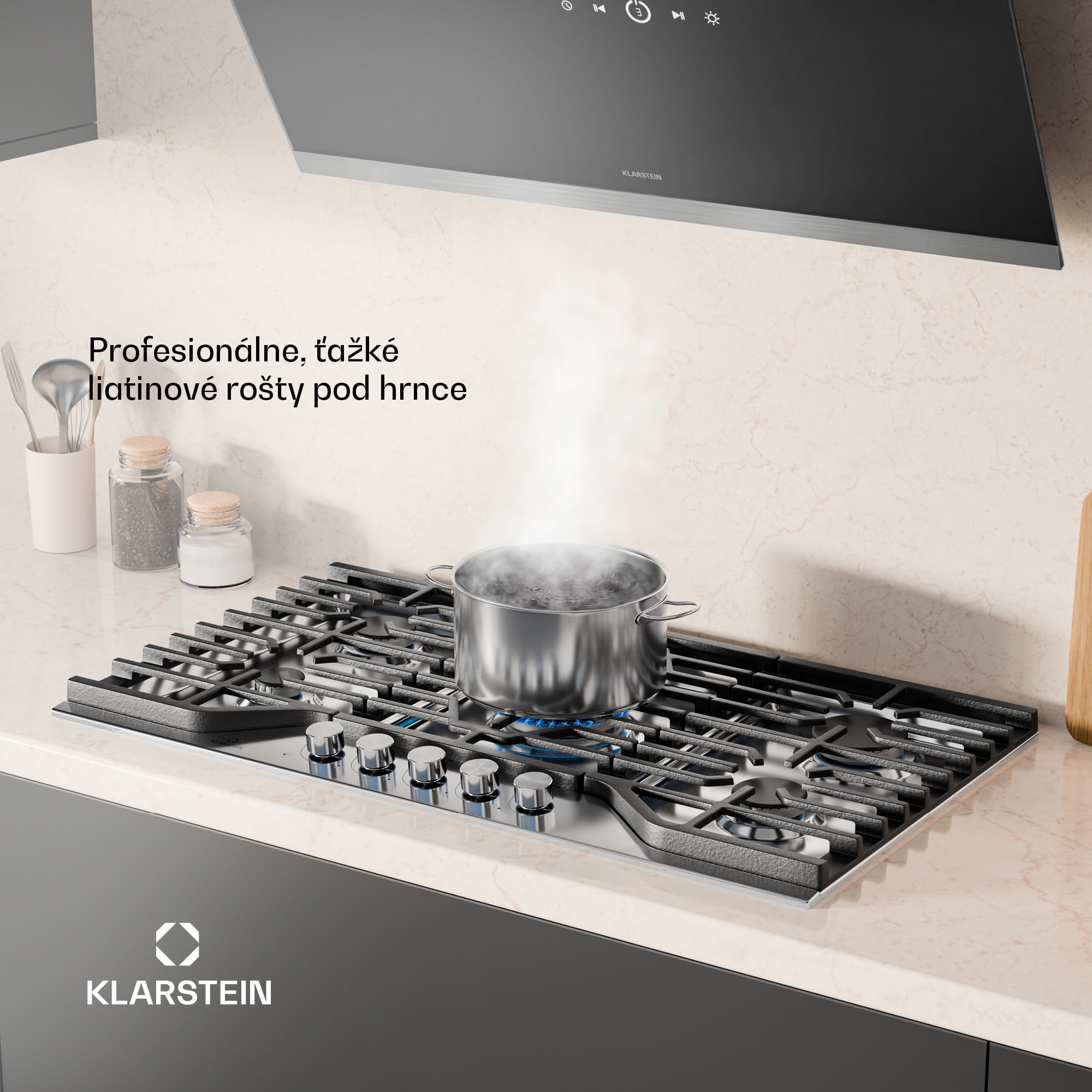 Klarstein Turbocast plynová varná doska, 304 nehrdzavejúca oceľ, 5 horákov, profesionálny liatinový držiak, horák wok – Obrázok 4