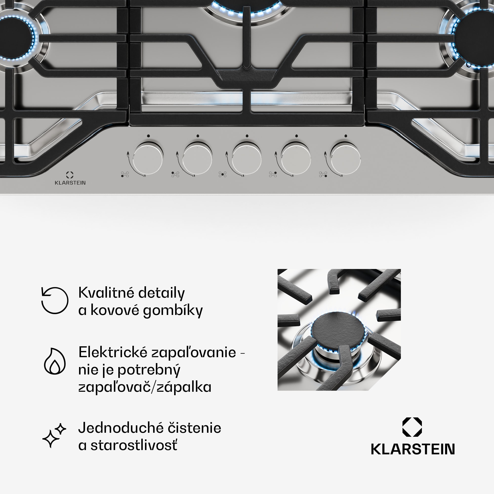 Klarstein Turbocast plynová varná doska, 304 nehrdzavejúca oceľ, 5 horákov, profesionálny liatinový držiak, horák wok – Obrázok 5