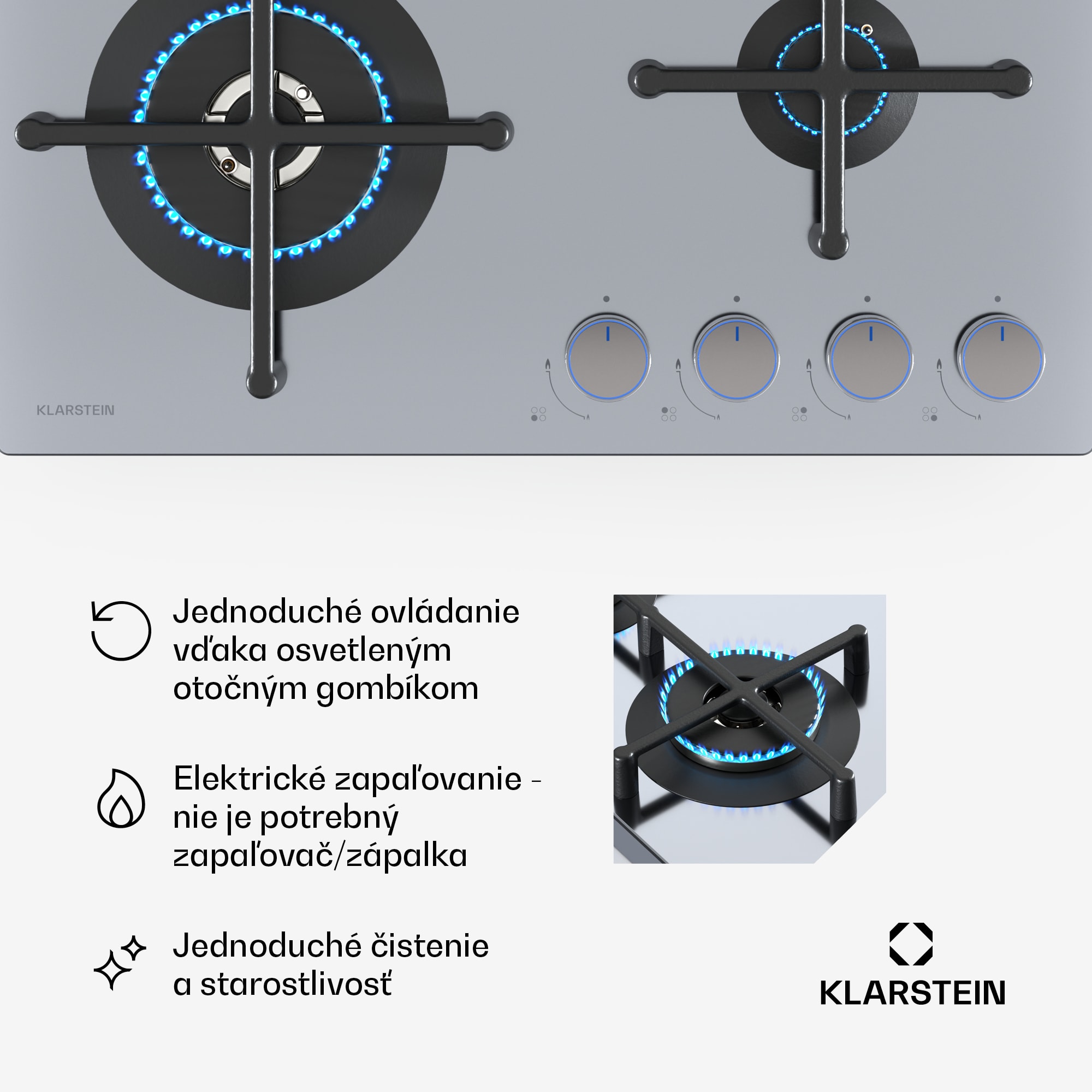 Klarstein Illuminosa 4 plynová varná doska 4-horáková Sabaf horák z nehrdzavejúcej ocele – Obrázok 5