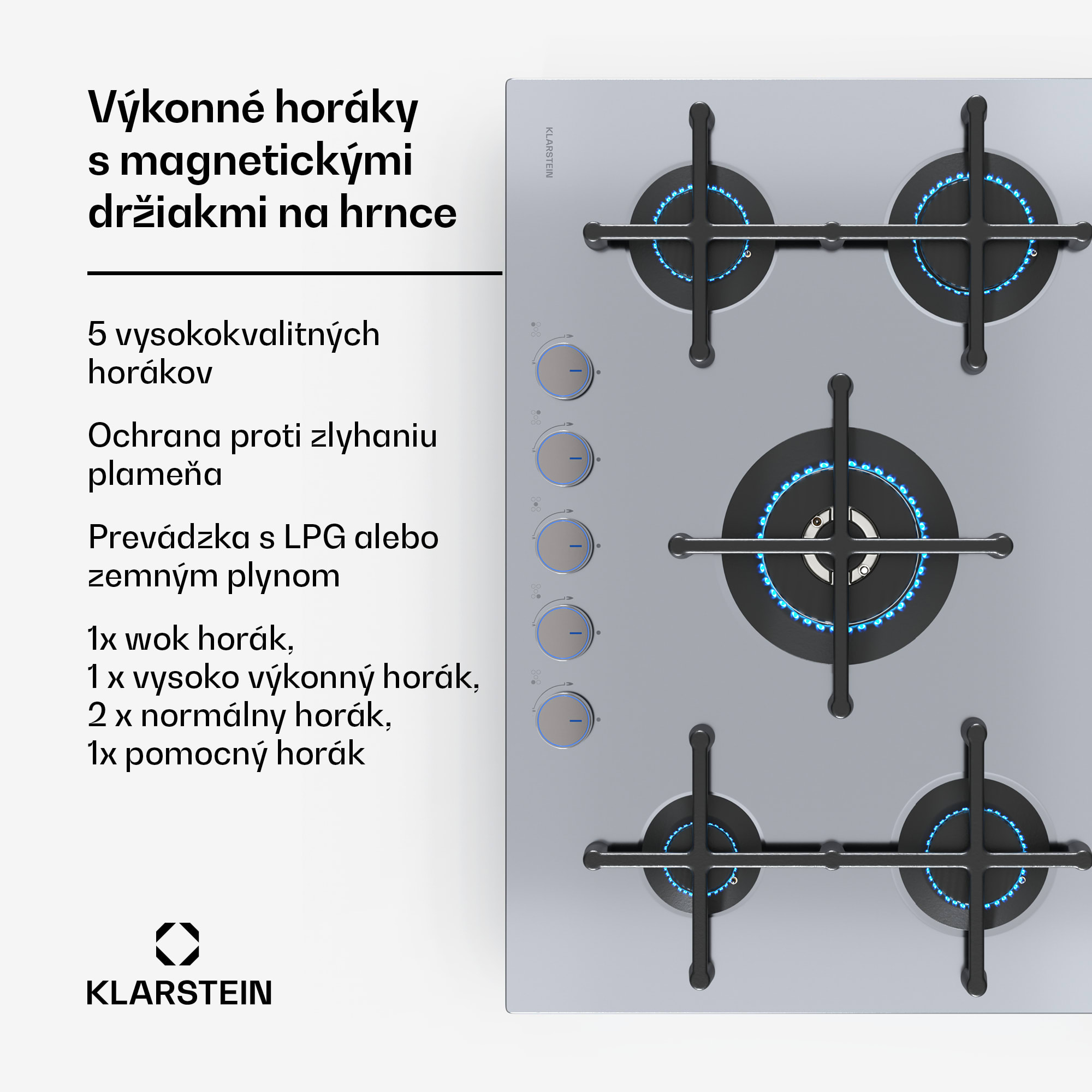 Klarstein Illuminosa 5 plynová varná doska 5-horáková Sabaf horák z nehrdzavejúcej ocele – Obrázok 3