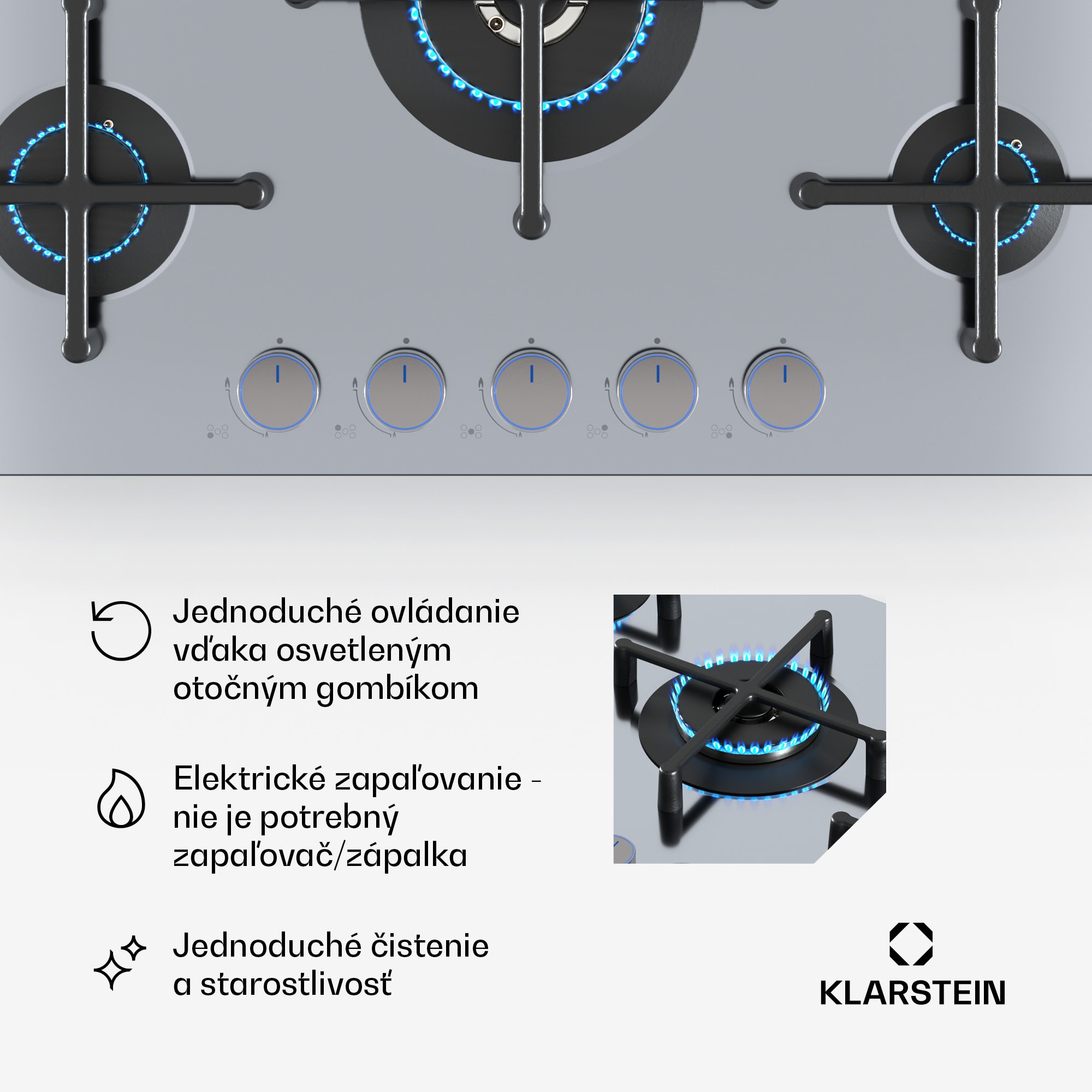 Klarstein Illuminosa 5 plynová varná doska 5-horáková Sabaf horák z nehrdzavejúcej ocele – Obrázok 5