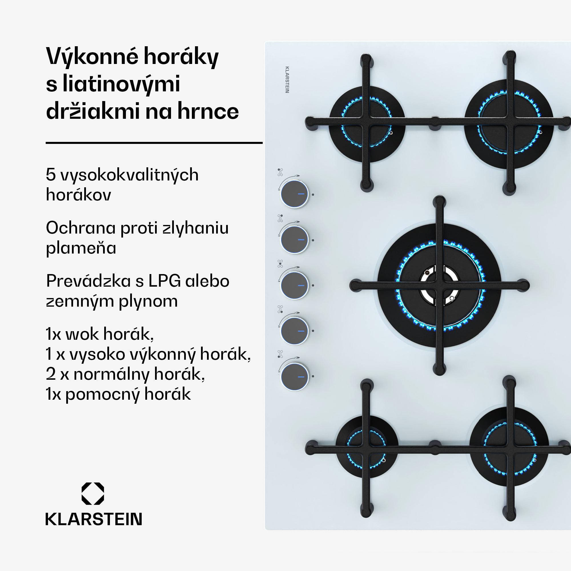 Klarstein Plynová varná doska Illuminosa 5 Sklokeramický horák Sabaf s 5 horákmi – Obrázok 3
