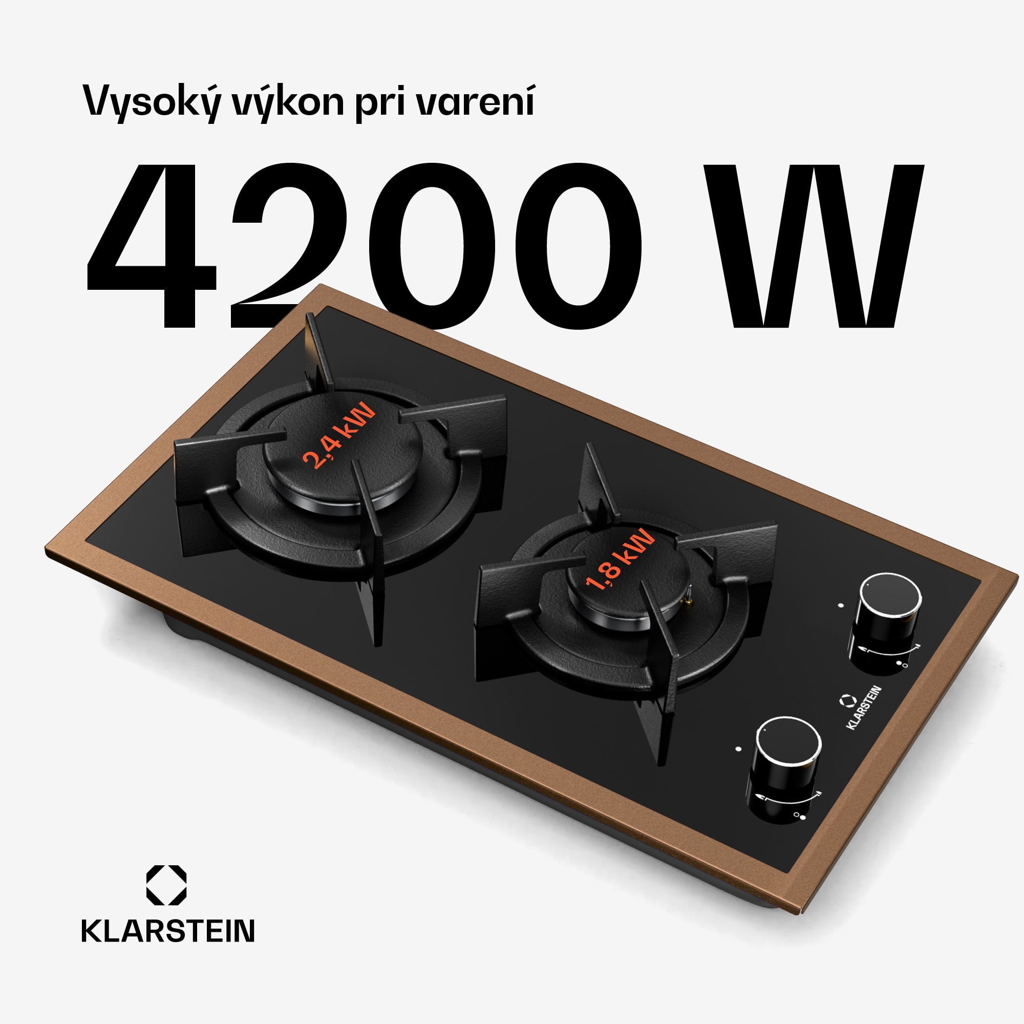 Klarstein Lumiflame plynová varná doska, 2 horáky, medený rám, elektrické zapaľovanie, výkon 4,2 kW – Obrázok 2