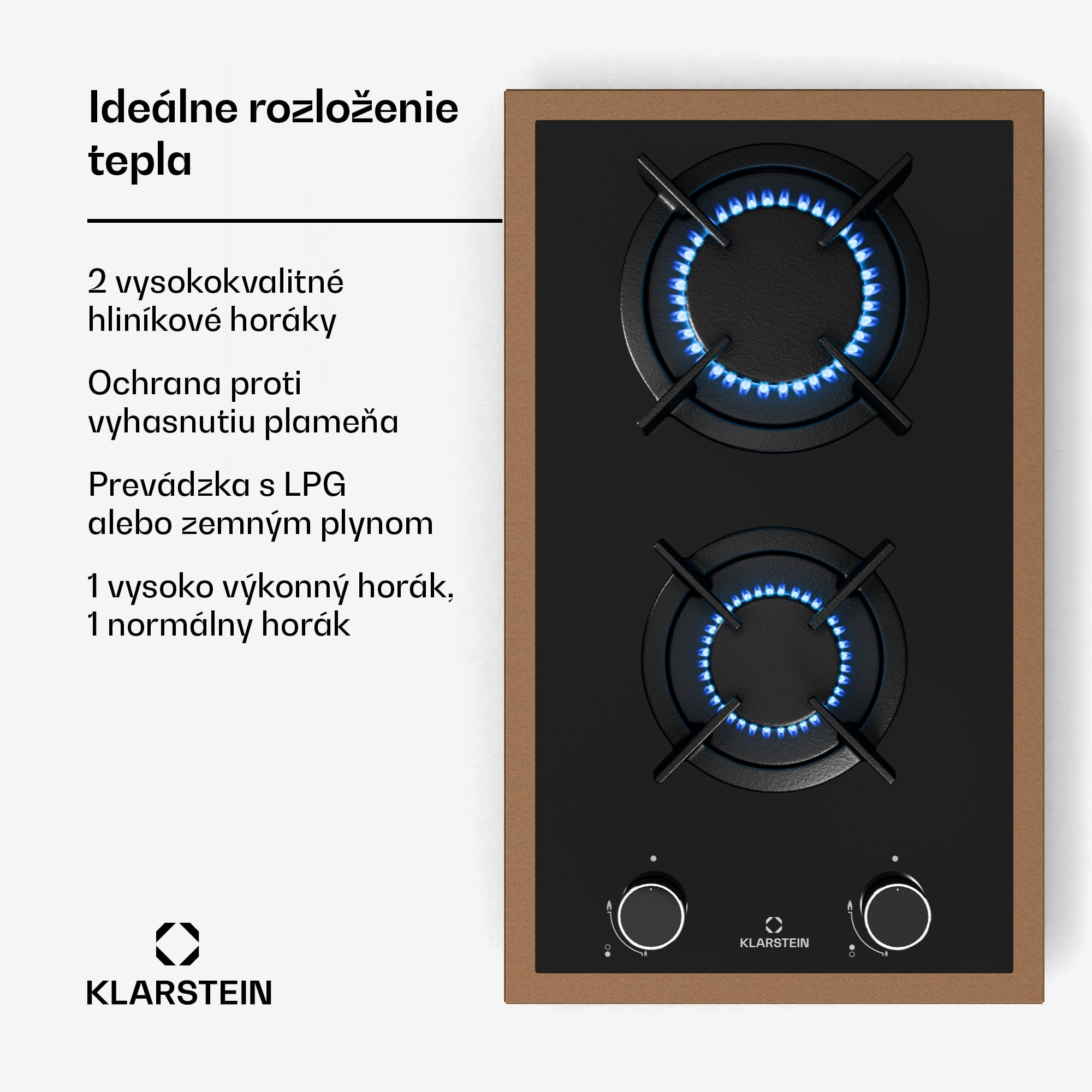 Klarstein Lumiflame plynová varná doska, 2 horáky, medený rám, elektrické zapaľovanie, výkon 4,2 kW – Obrázok 3