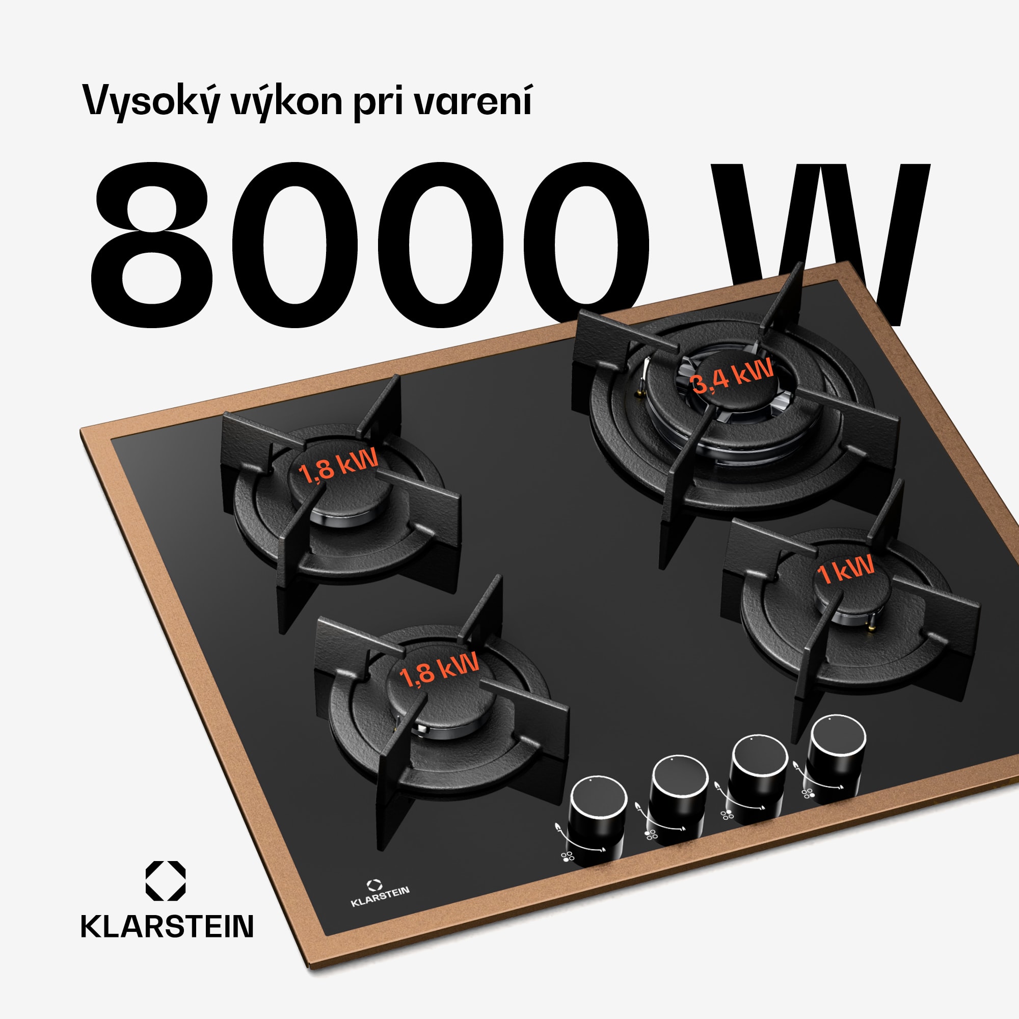 Klarstein Lumiflame plynová varná doska, 4 horáky, medený rám, elektrické zapaľovanie, výkon 8 kW – Obrázok 2