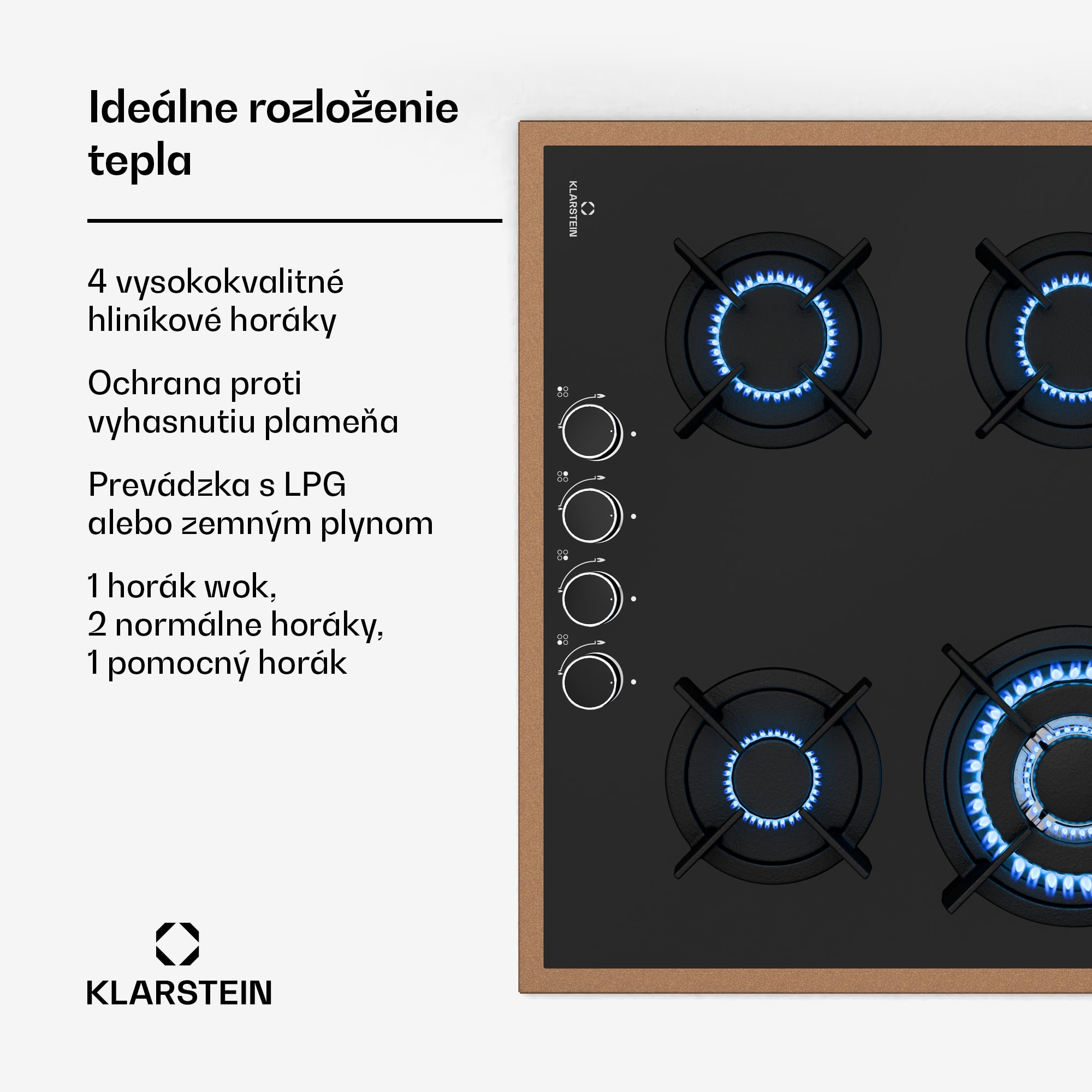 Klarstein Lumiflame plynová varná doska, 4 horáky, medený rám, elektrické zapaľovanie, výkon 8 kW – Obrázok 3