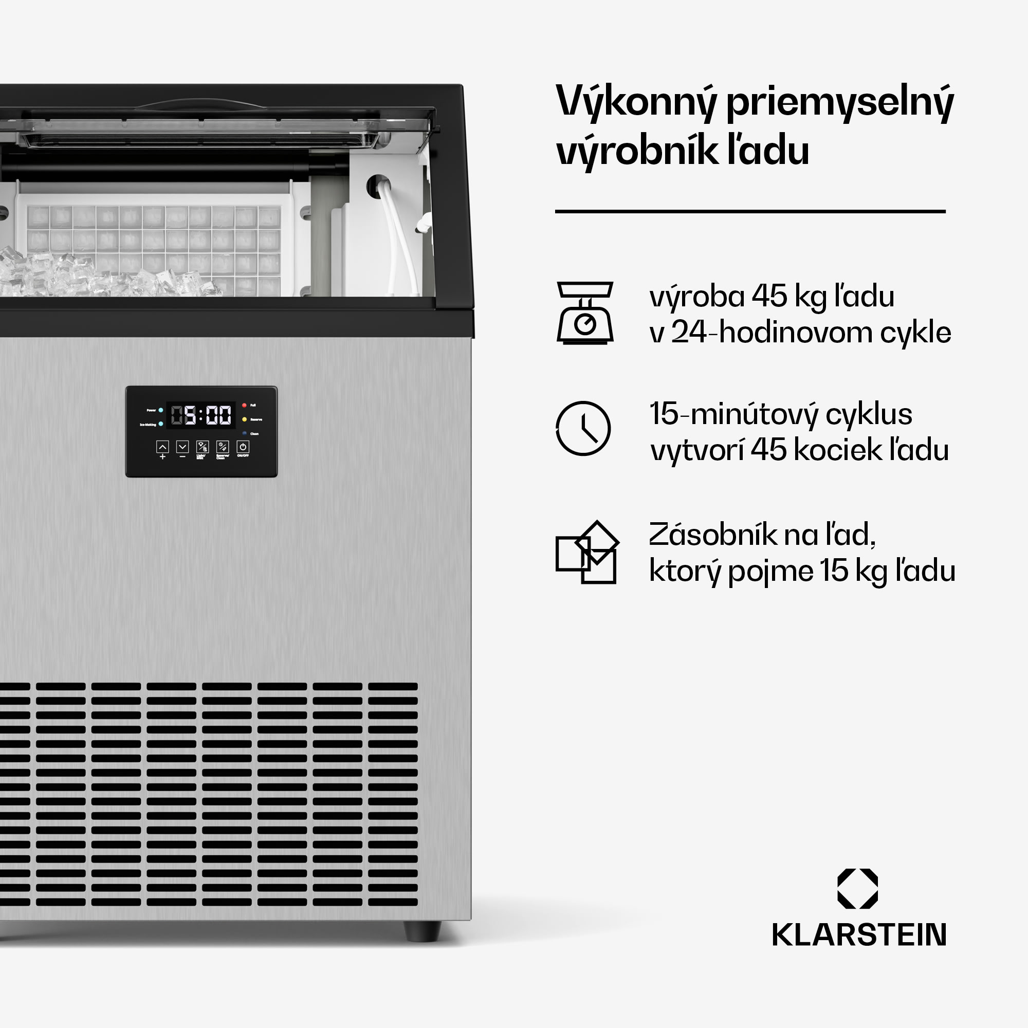 Klarstein Glacial priemyselný výrobník kociek ľadu 45 kg s LED displejom a okienkom – Obrázok 2