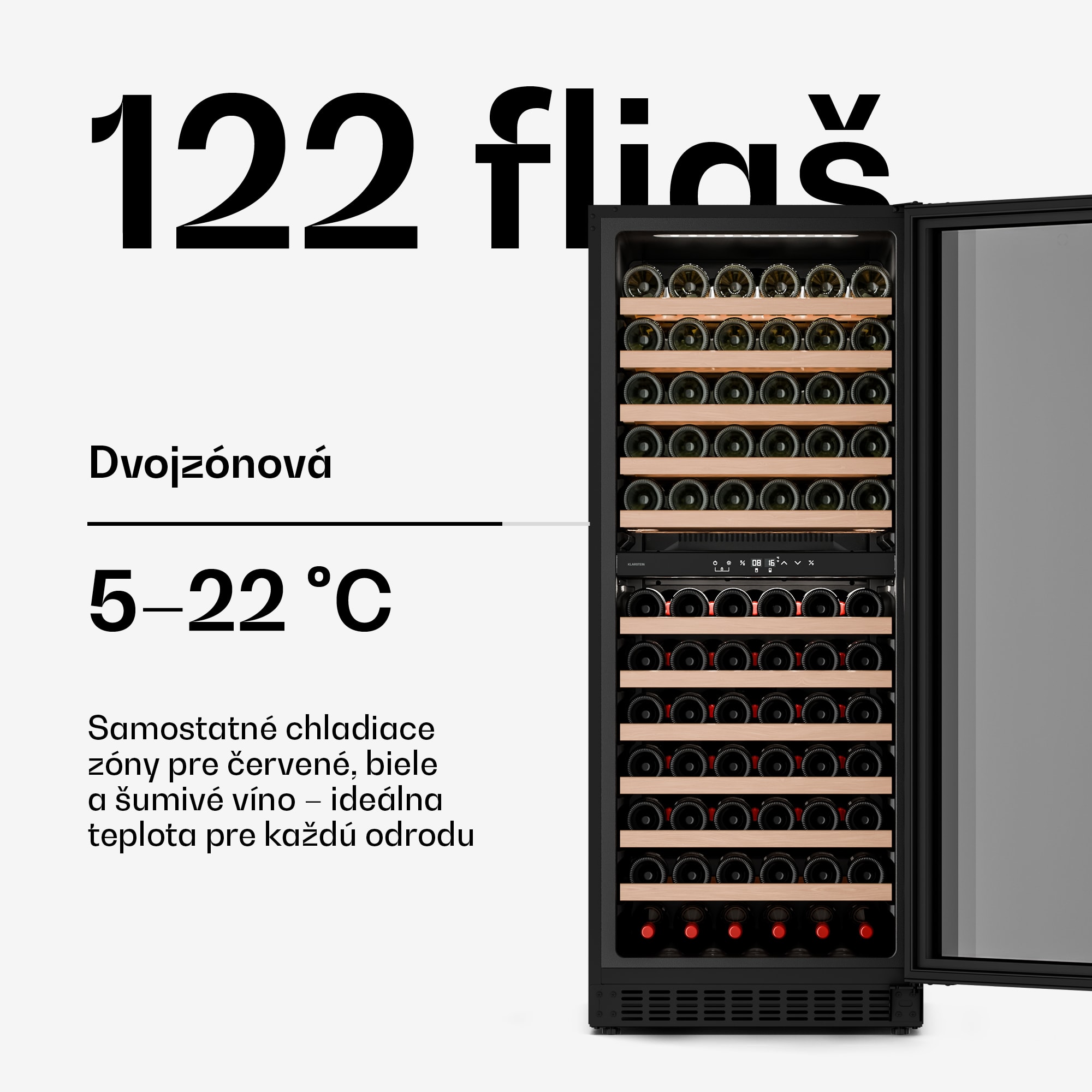 Klarstein Velaire podpultová chladnička na víno, moderná, elegantná, UV ochrana, Dvojzónová, 122 fliaš – Obrázok 3