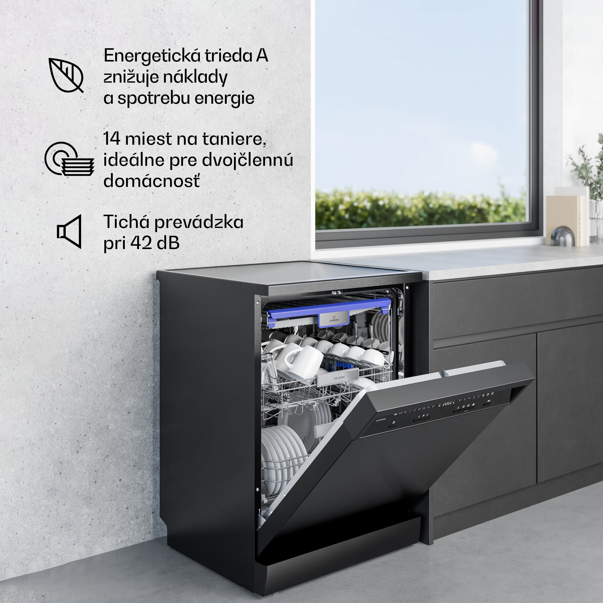Klarstein Velaire voľne stojaca umývačka riadu | Minimalistická, elegantná, výkonná | EEC A | 60 cm – Obrázok 3