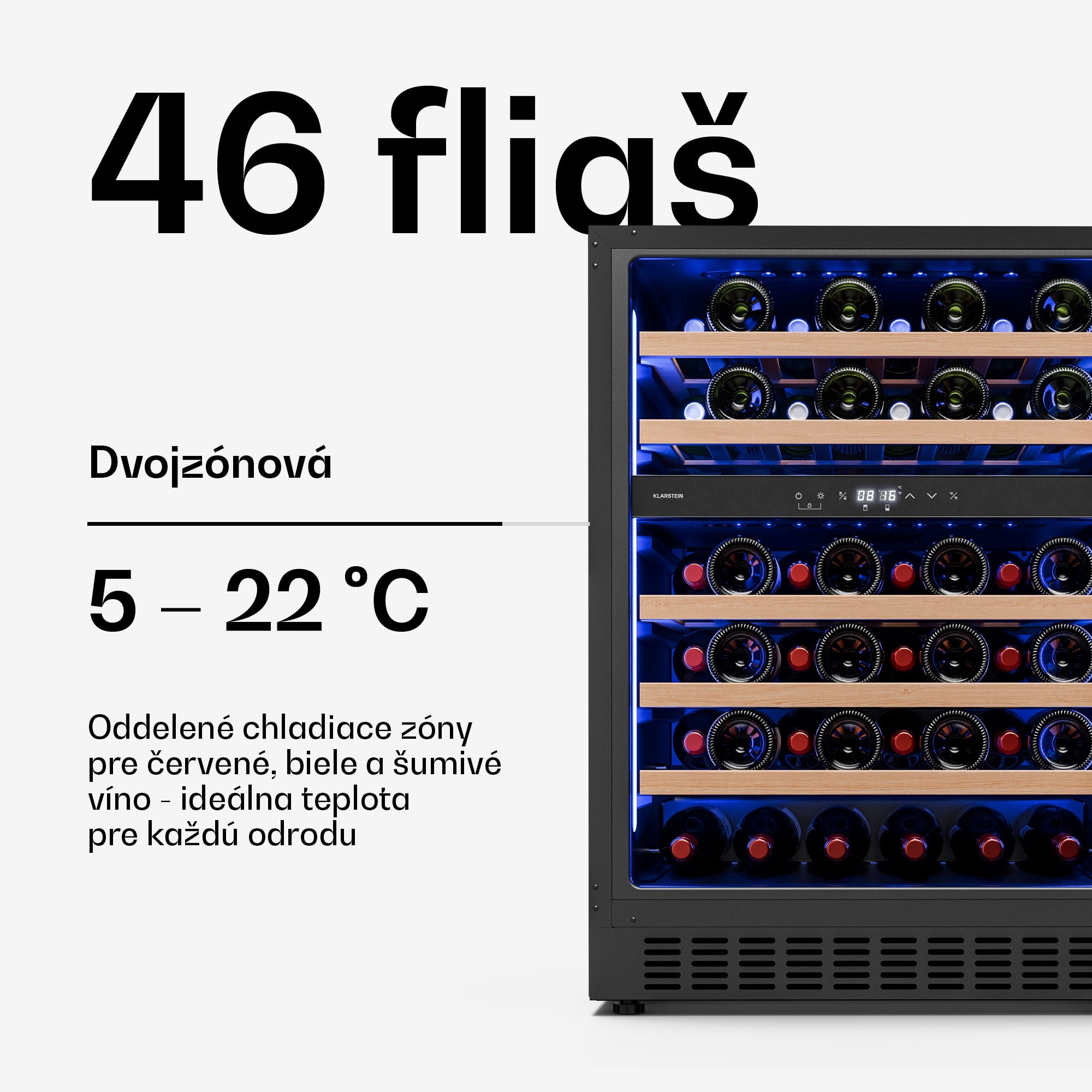 Klarstein Illuminosa podpultová chladnička na víno | Dvojzónová | 129 litrov | 46 fliaš | 60 cm – Obrázok 3