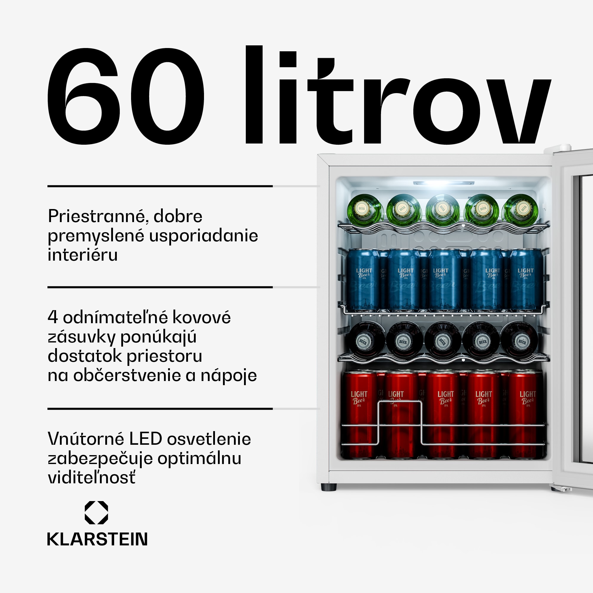Klarstein Beersafe chladnička na nápoje so sklenenými dverami | 64 x 48 cm | 60 litrov | 85 W | Strieborná/Biela – Obrázok 2