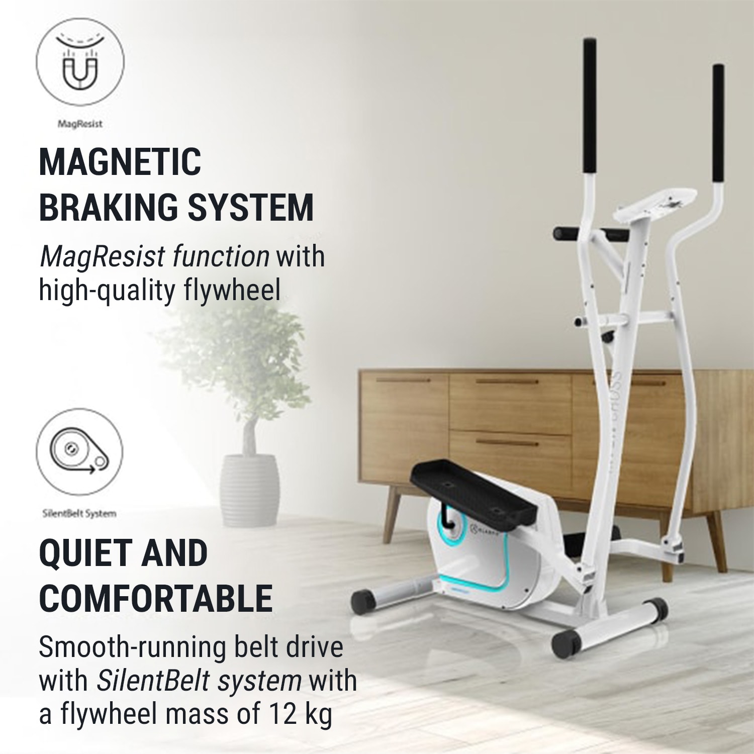 KLARFIT Myon Cross, eliptický trenažér, záťažové koleso 12 kg, SilentBelt System – Obrázok 2