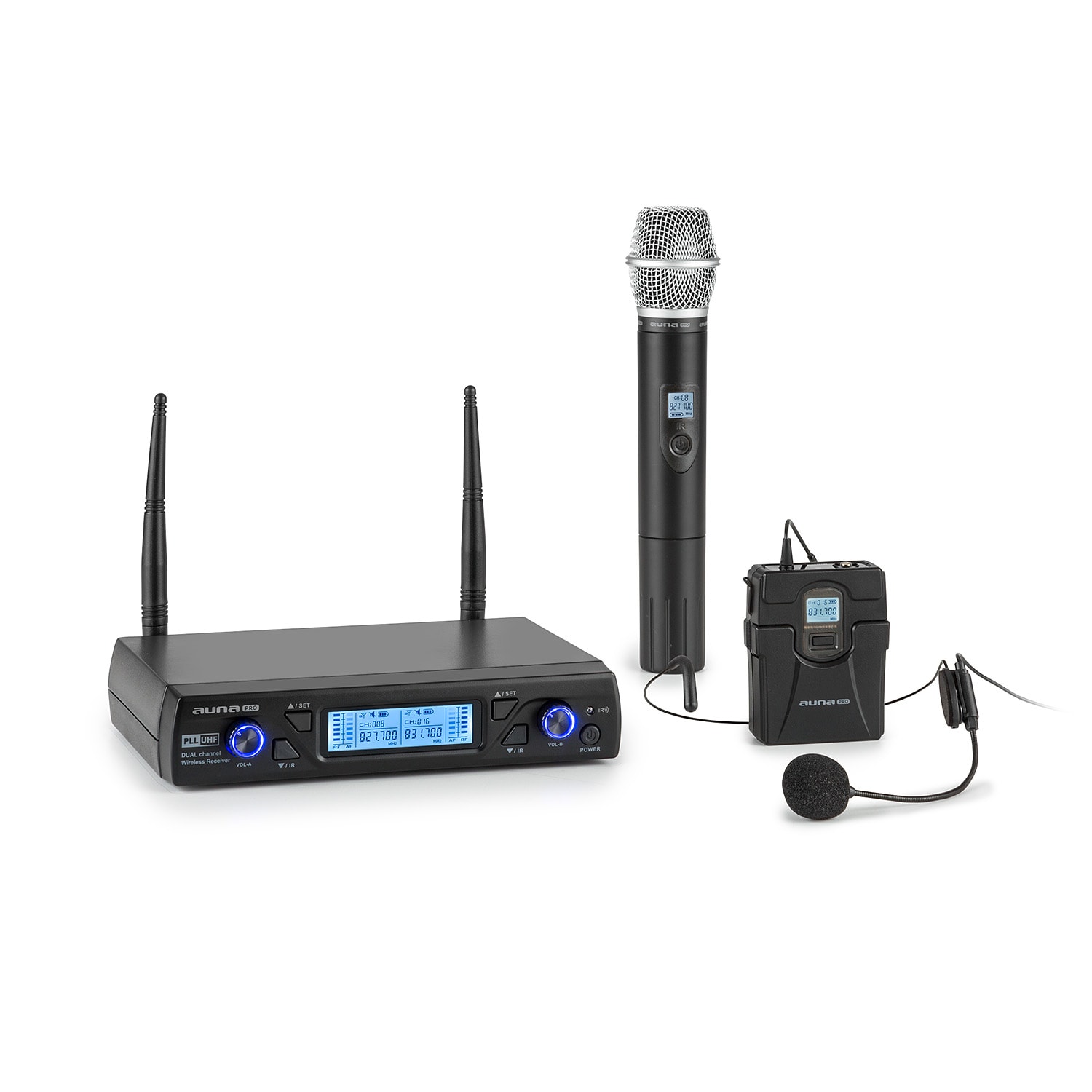 Auna Pro UHF200C-HB, sada 2-kanálových UHF bezdrôtových mikrofónov, prijímač, ručný mikrofón, vysielač