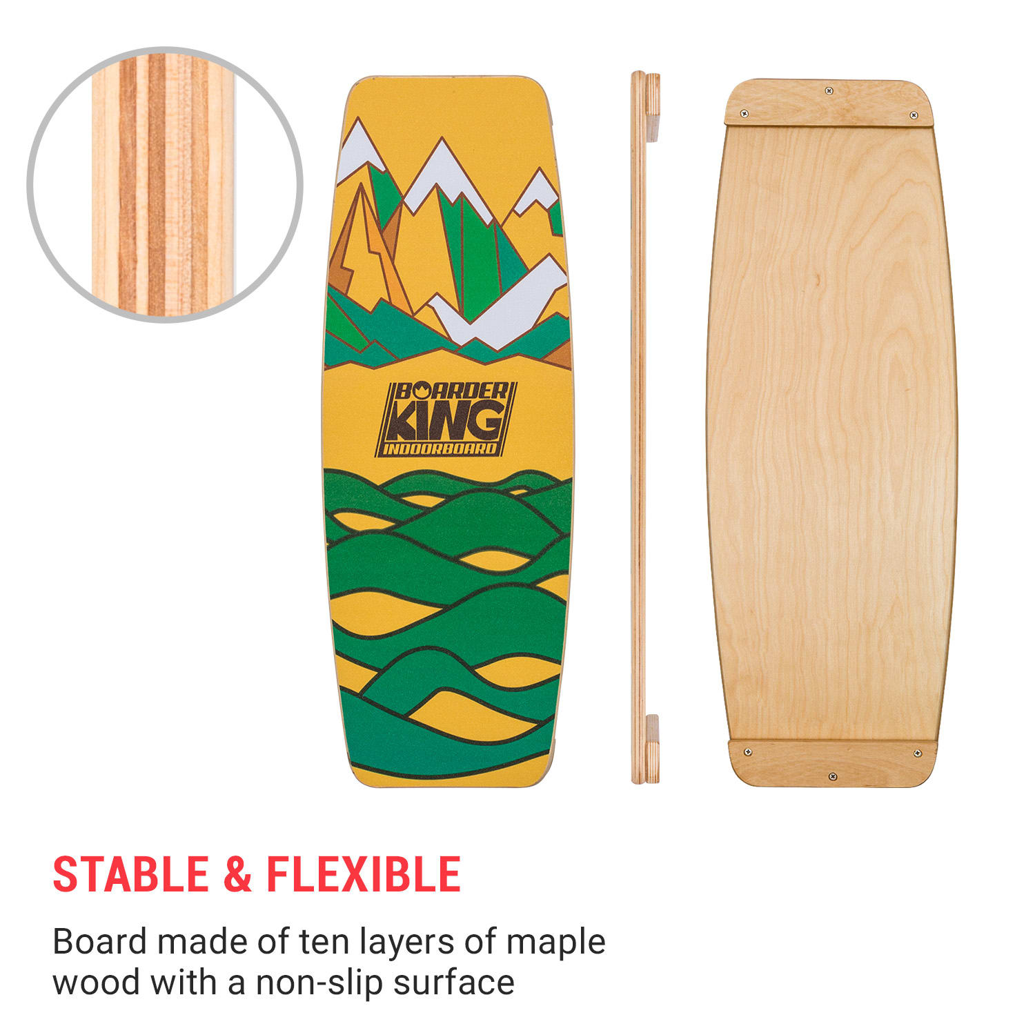 BoarderKING Indoorboard Limited Edition Wakeboard, balančná doska, podložka, valec, drevo/korok – Obrázok 3